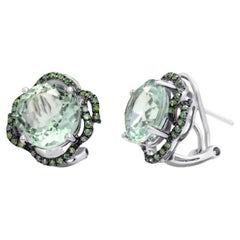 Boucles d'oreilles à levier élégantes en or blanc avec quartz vert et diamants d'origine pour elle