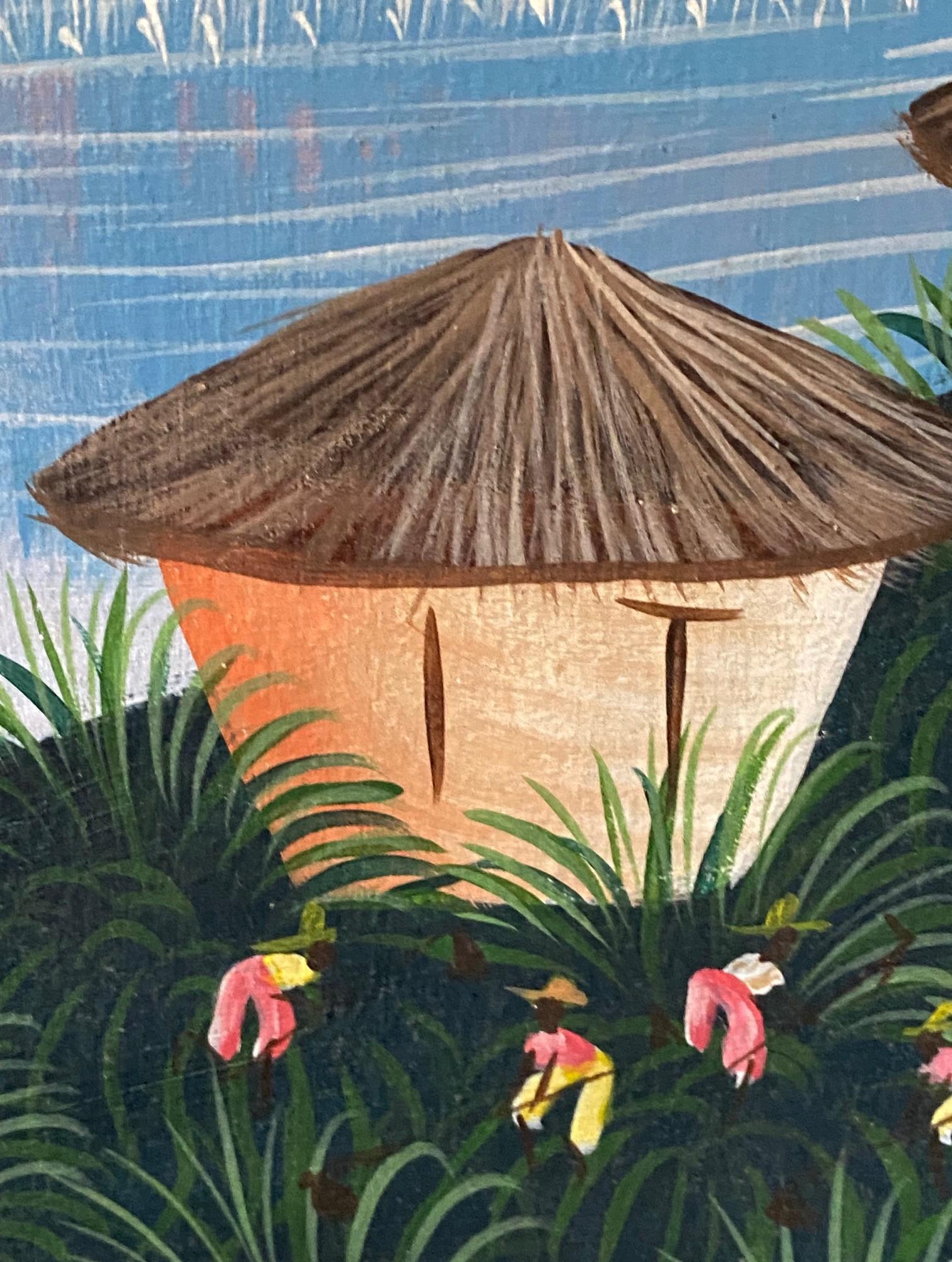 Original Haitian Haiti Folk Art Coastal Village Scene Oil Painting Signed Pierre en vente 2