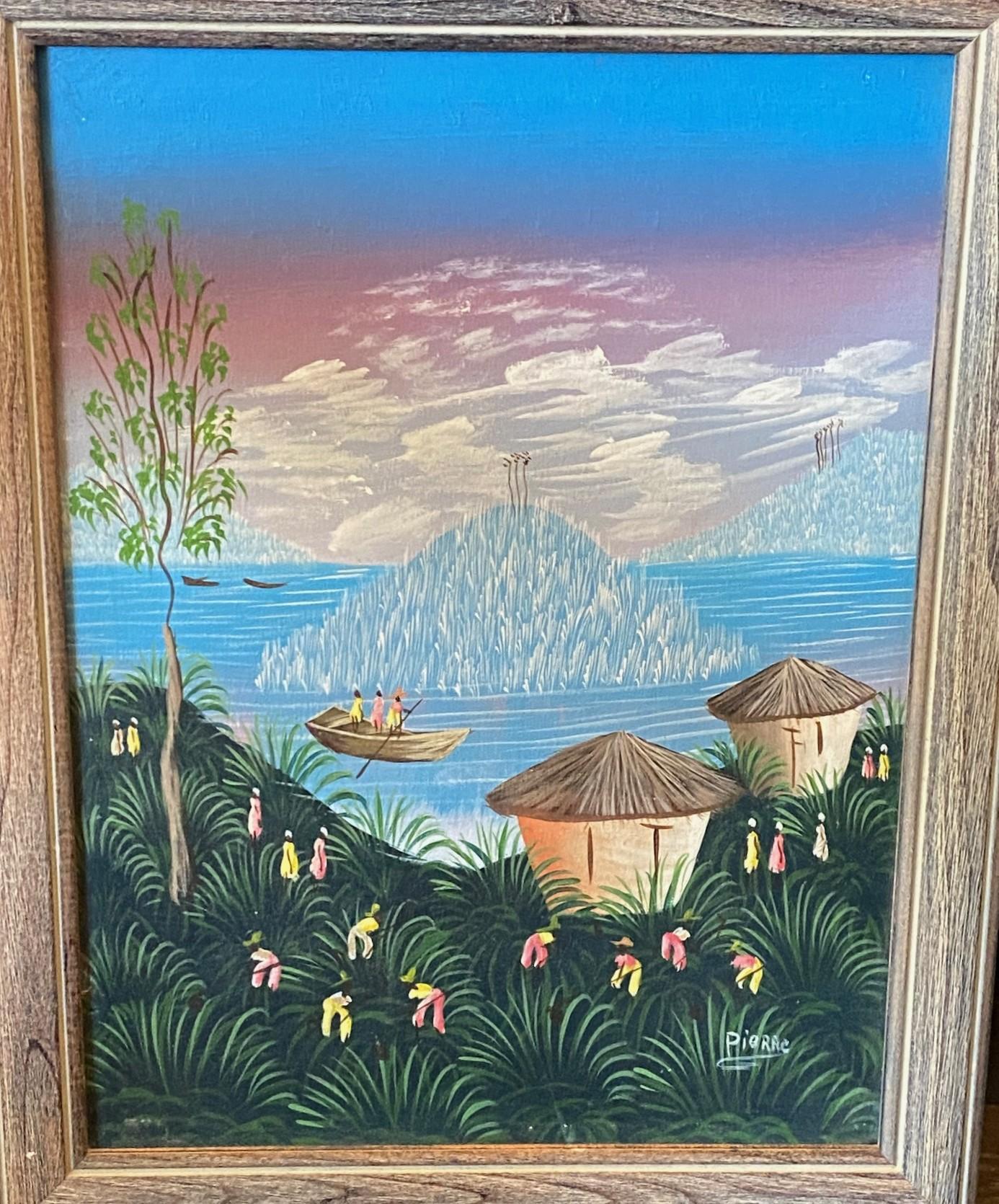 Artisanat Original Haitian Haiti Folk Art Coastal Village Scene Oil Painting Signed Pierre en vente