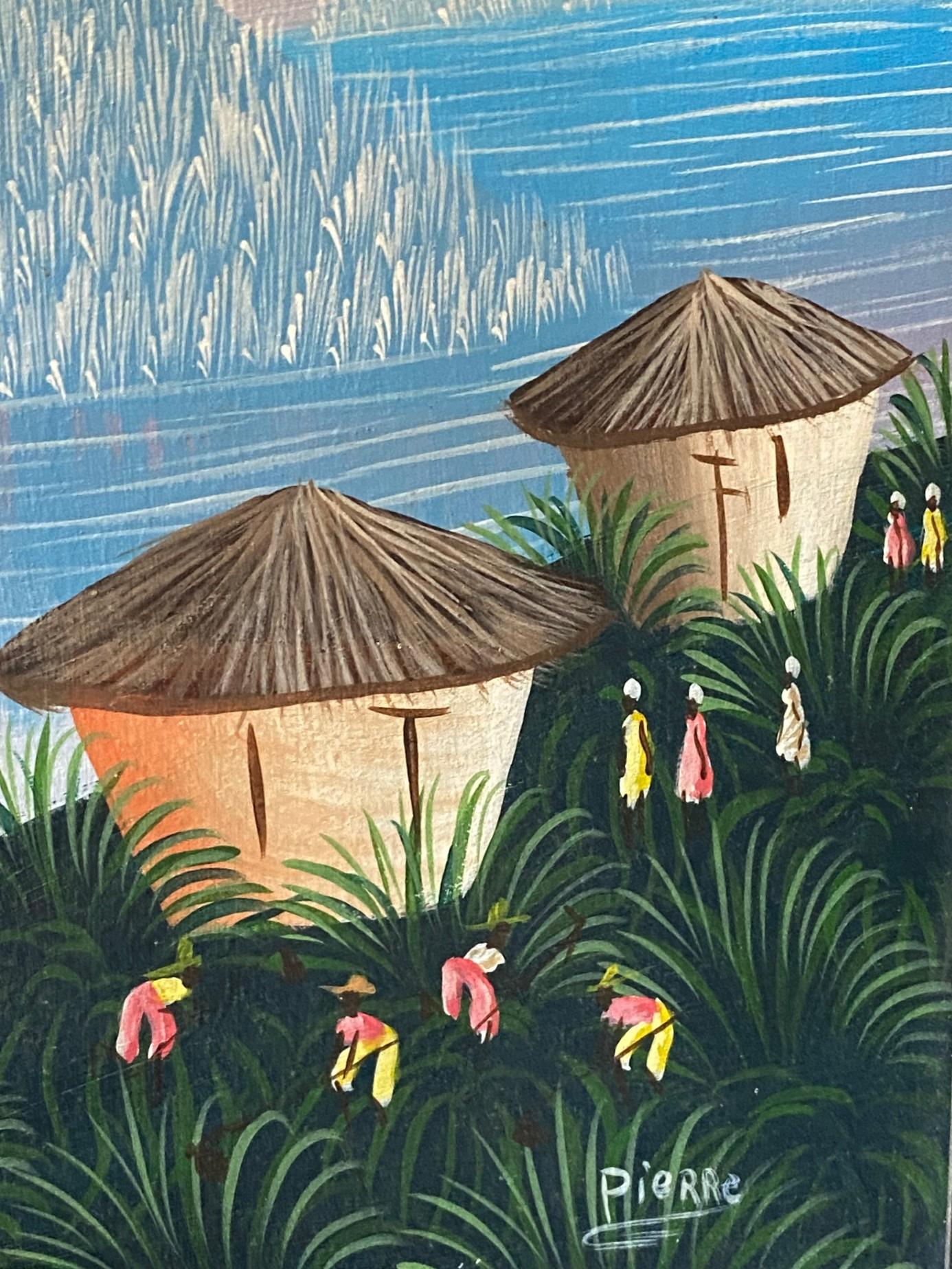 Haïtien Original Haitian Haiti Folk Art Coastal Village Scene Oil Painting Signed Pierre en vente