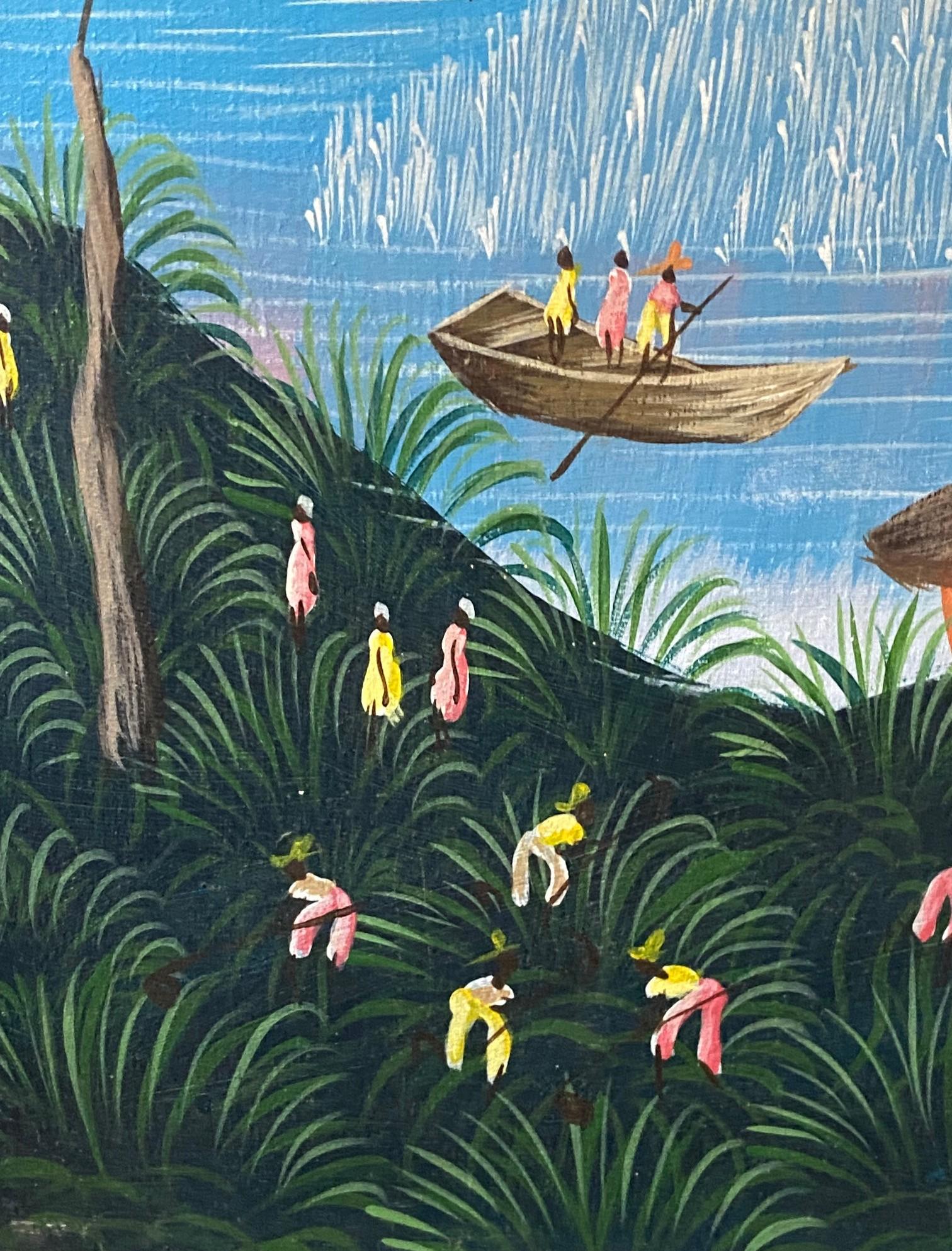 Peint à la main Original Haitian Haiti Folk Art Coastal Village Scene Oil Painting Signed Pierre en vente