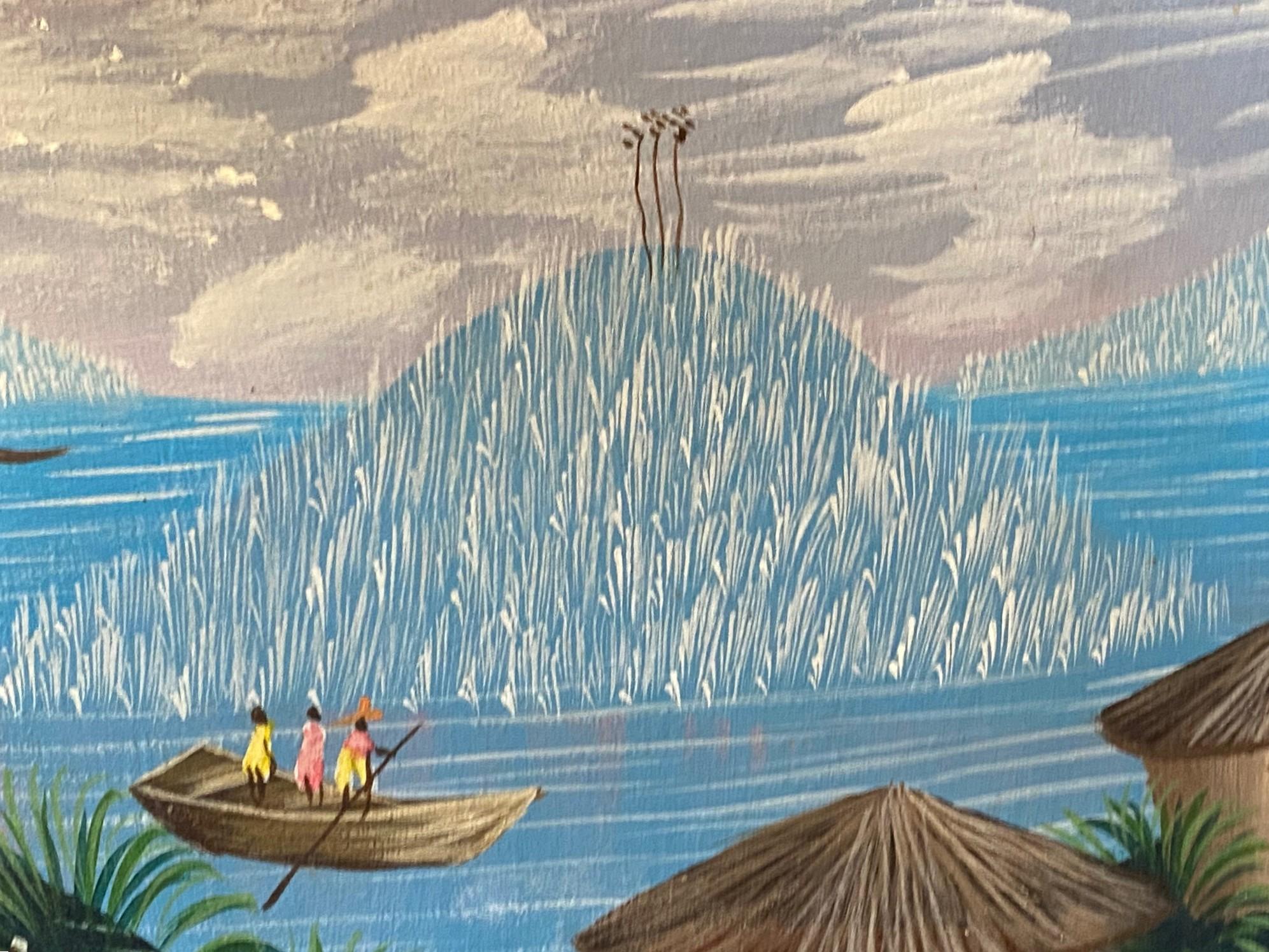 20ième siècle Original Haitian Haiti Folk Art Coastal Village Scene Oil Painting Signed Pierre en vente