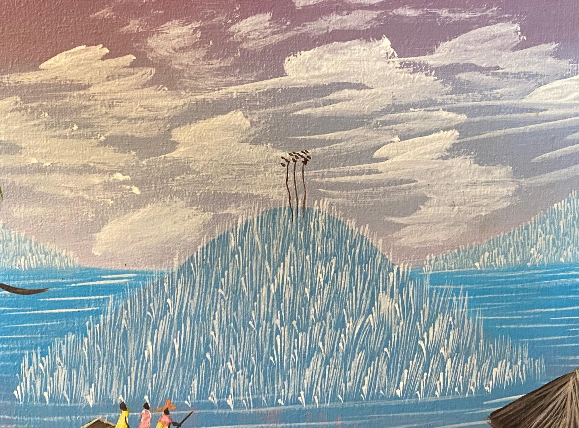 Bois Original Haitian Haiti Folk Art Coastal Village Scene Oil Painting Signed Pierre en vente