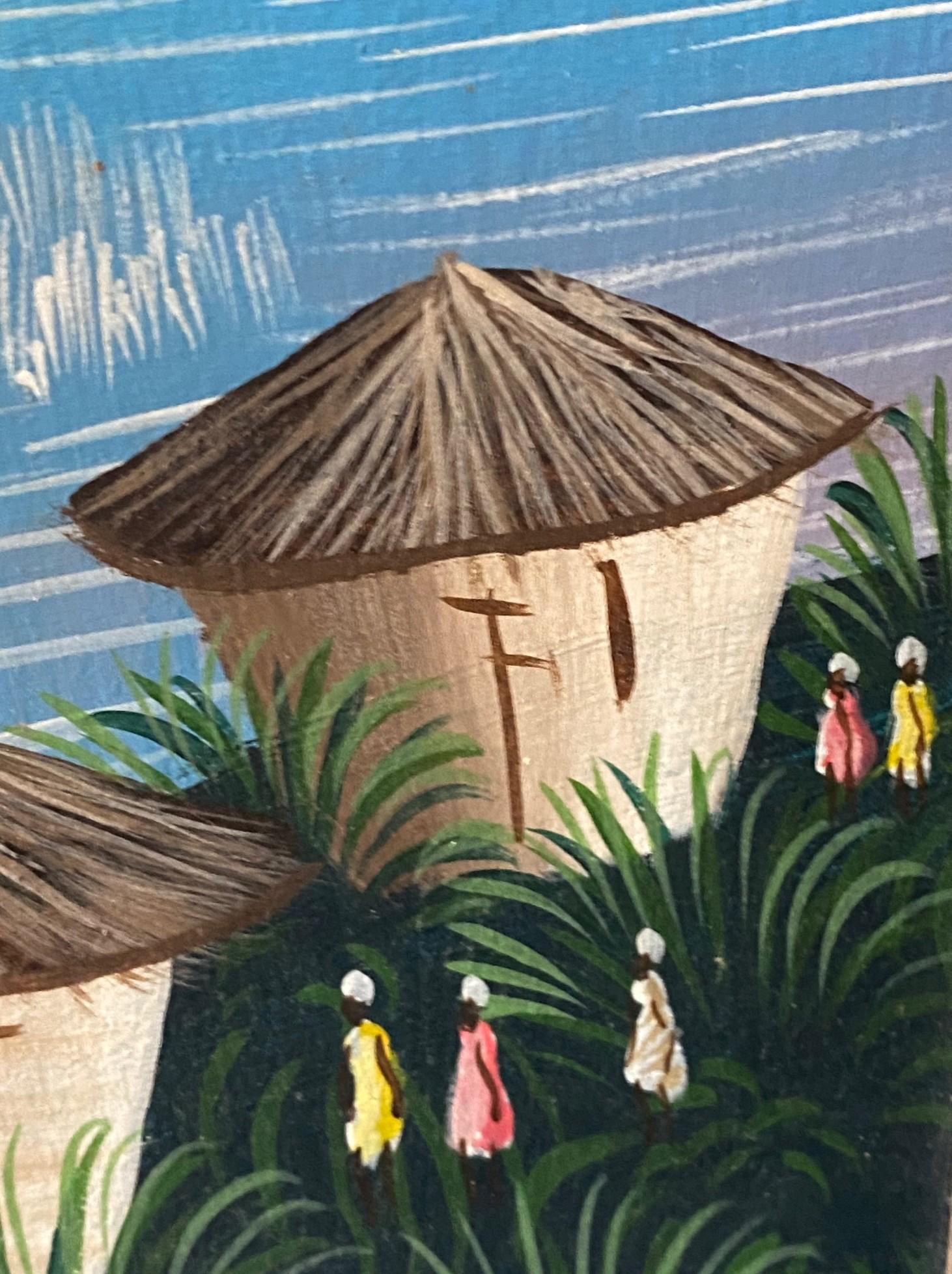 Original Haitian Haiti Folk Art Coastal Village Scene Oil Painting Signed Pierre en vente 1