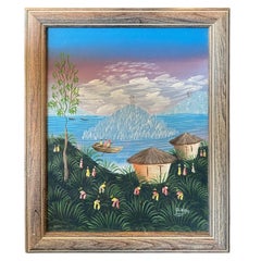 Original Haitian Haiti Folk Art Coastal Village Scene Oil Painting Signed Pierre