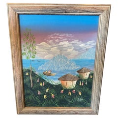Original Haitian Haiti Folk Art Coastal Village Scene Oil Painting Signed Pierre