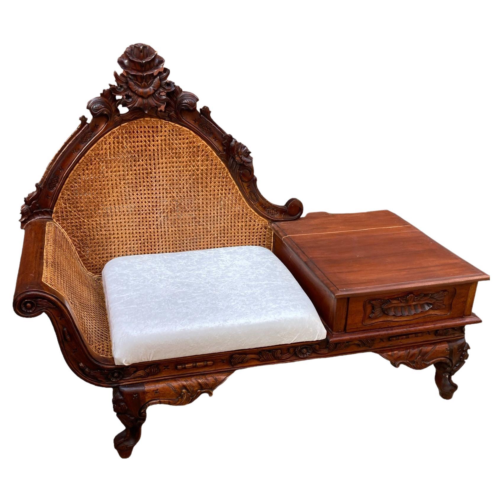 Original Hand Carved Mahogany Victorian Telephone or Gossip Bench, Bergere 