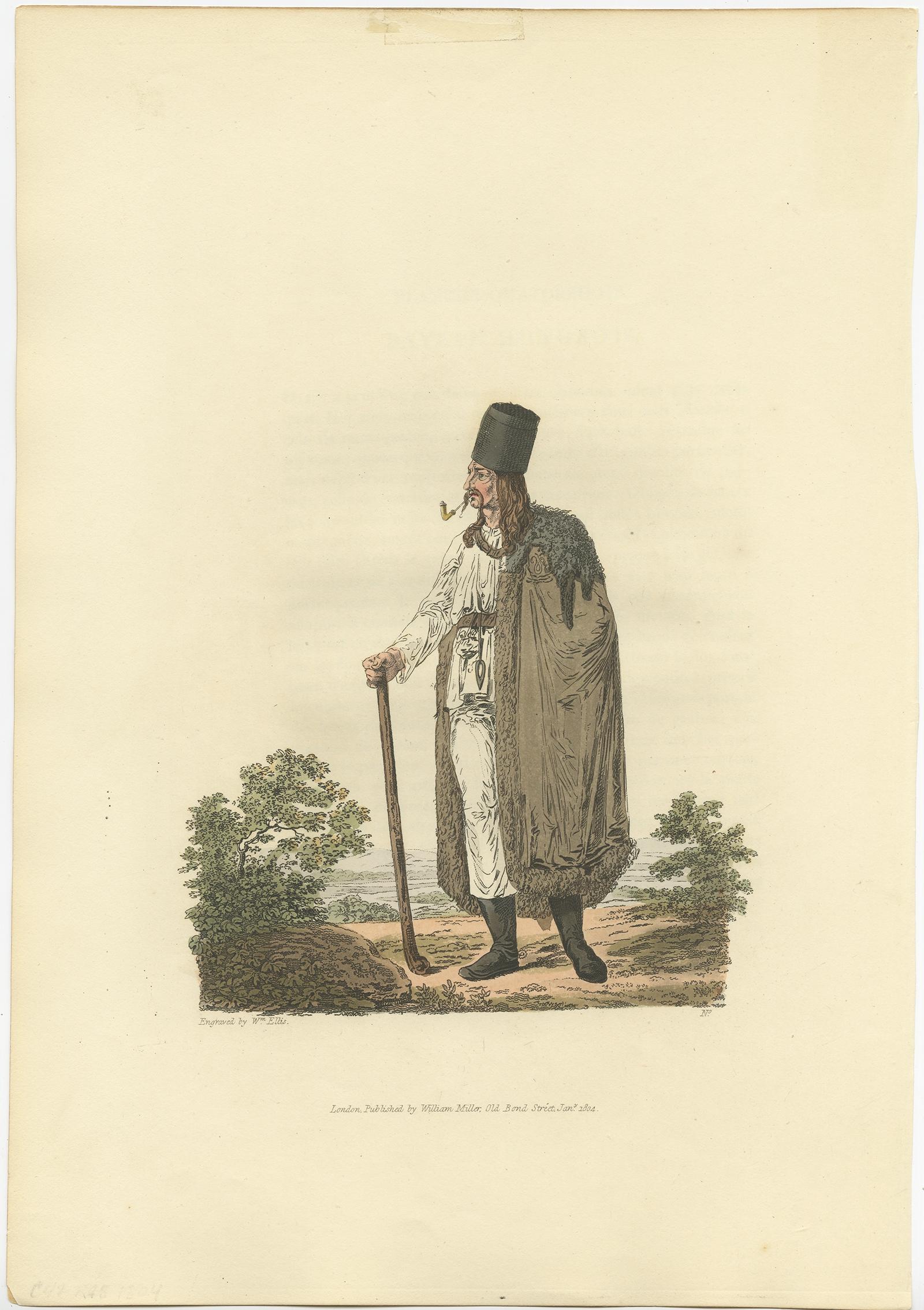 Impression originale de costume antique colore  la main d'un paysan de Hongrie, 1804 Bon état - En vente à Langweer, NL