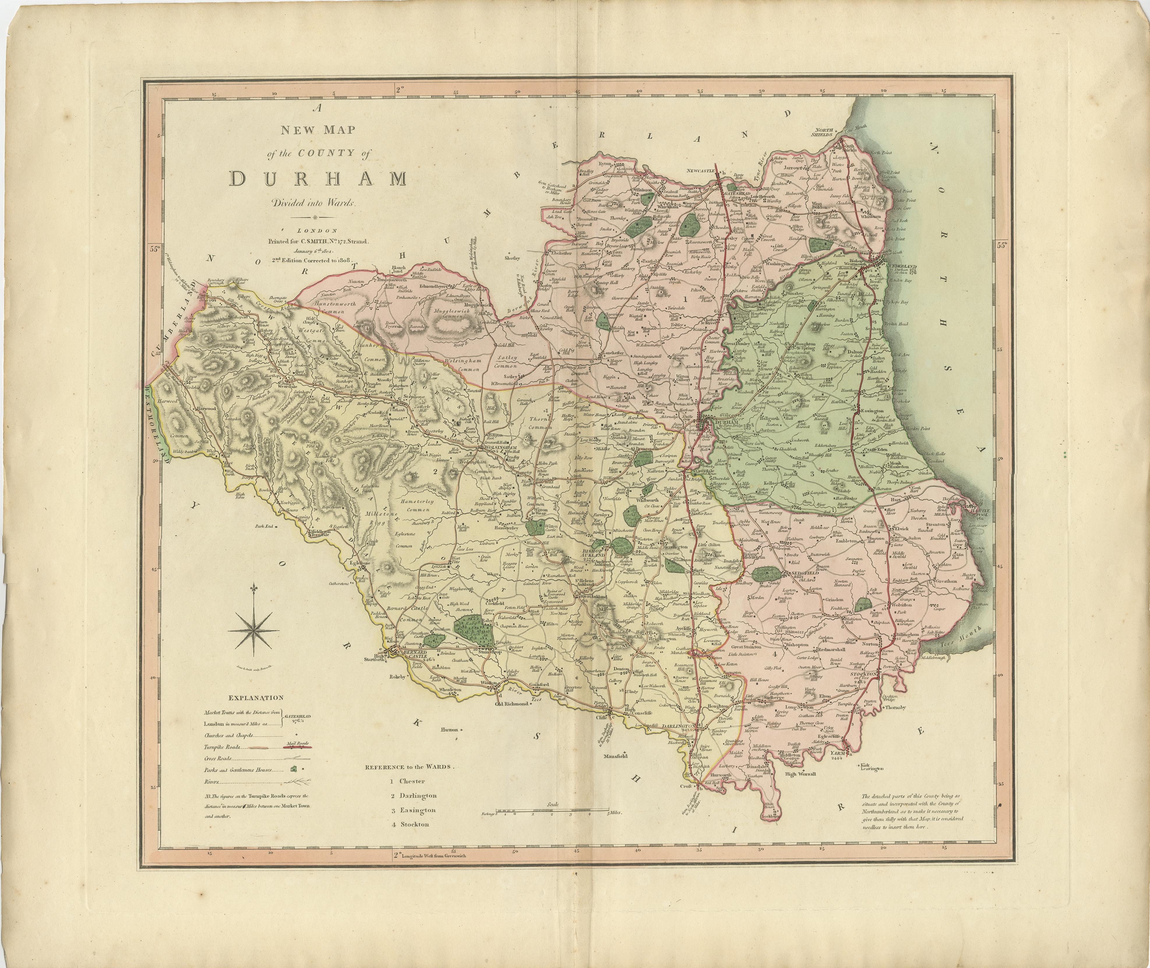 Antike Grafschaftskarte von Durham, erstmals veröffentlicht um 1800. Zu den abgebildeten Dörfern, Städten und Gemeinden gehören Gateshead, South Shields und Darlington.

Charles Smith war ein um 1800 in London tätiger Kartograph. Seine Karten