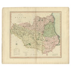 Mapa antiguo original coloreado a mano del condado de Durham, Inglaterra, 1804