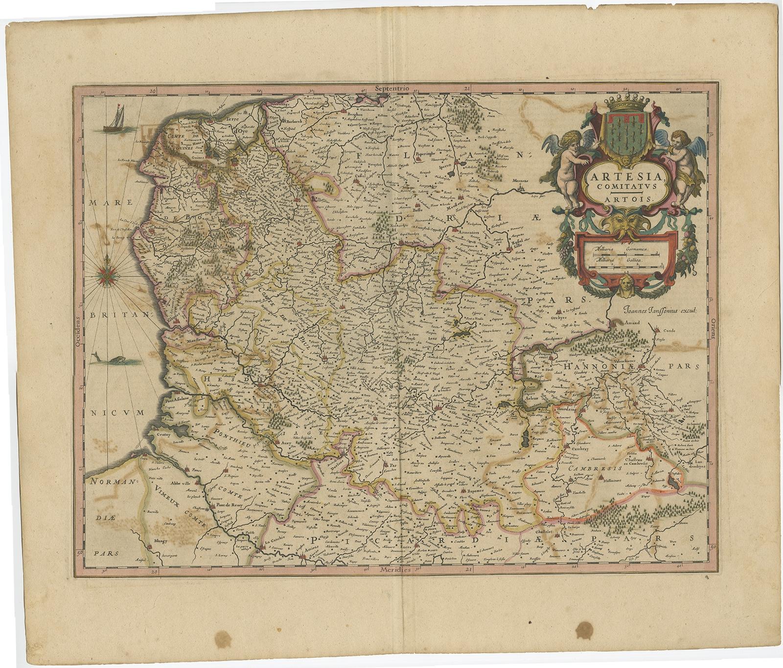 Antique map titled 'Artesia Comitatus Artois'. 

Map of Artois or Artesia, France. Artois is former province located in the northwestern part of France, boarding Belgium (Flanders) on the north and Picardy to the south.

Artists and Engravers: