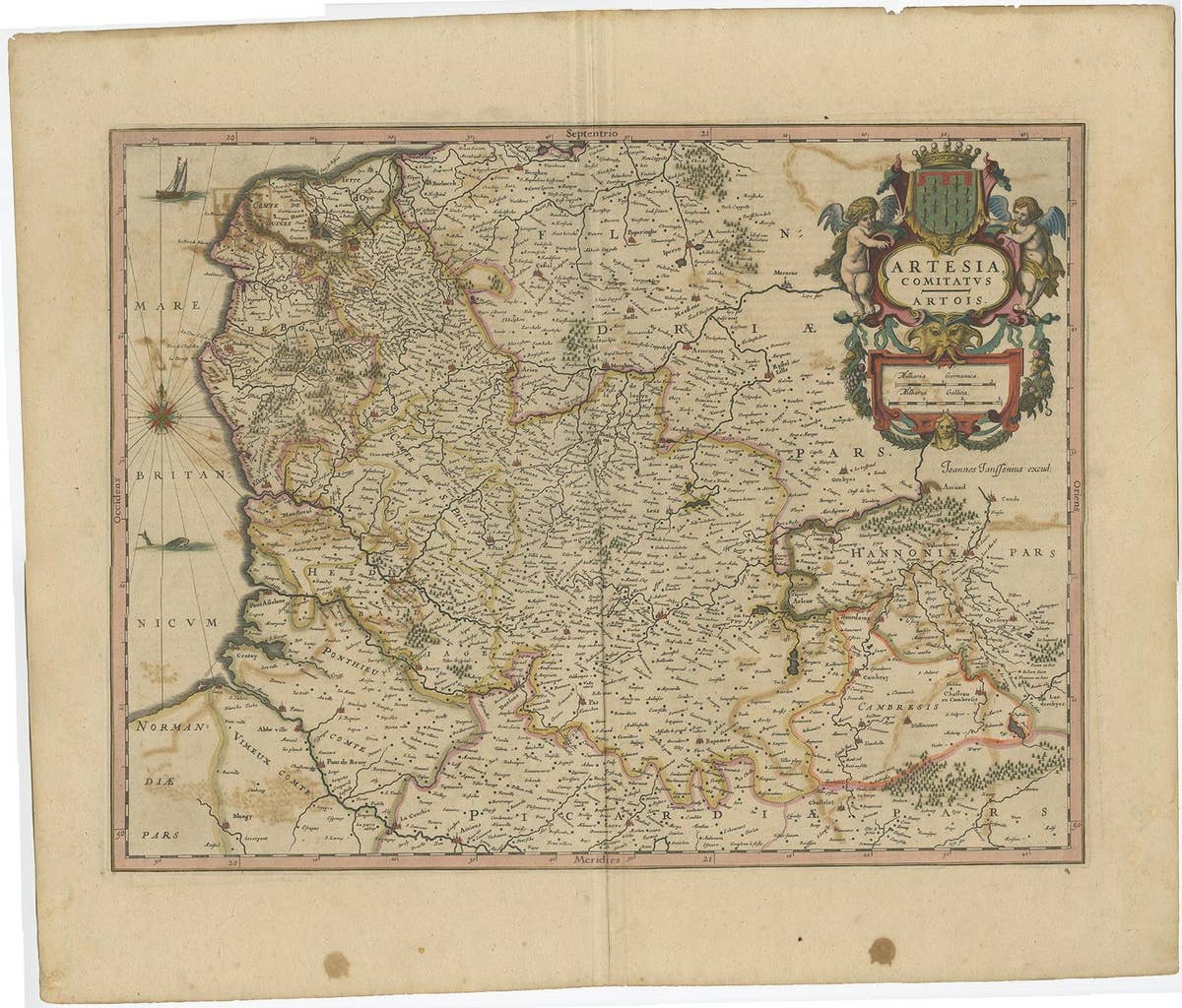 Original Hand-Colored Antique Map of Artois or Artesia, France, ca.1650