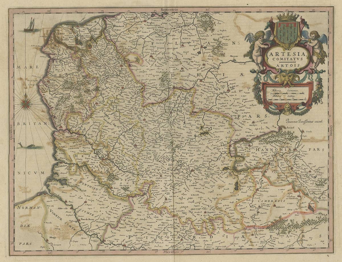 Original Hand-Colored Antique Map of Artois or Artesia, France, ca.1650