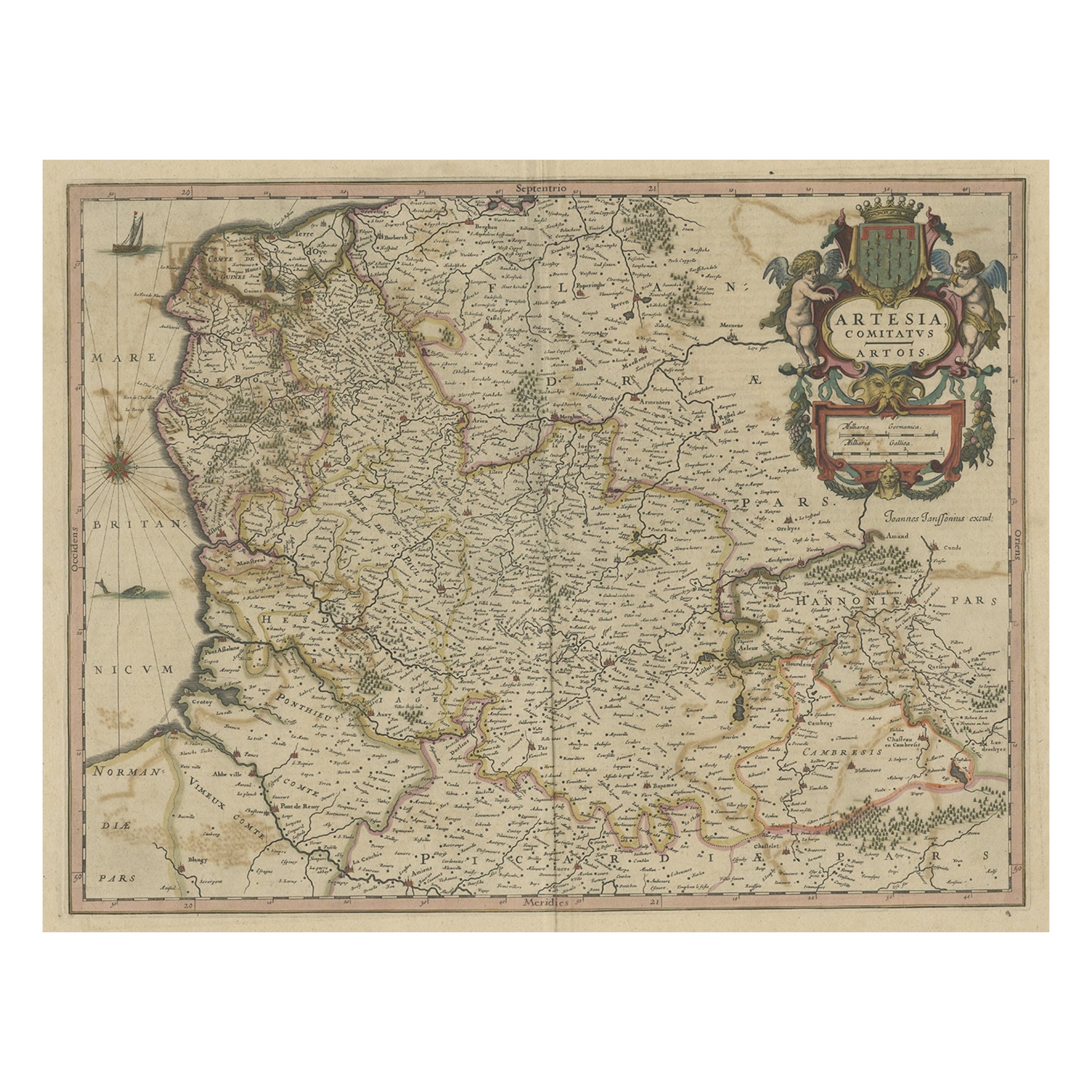 Mappa antica originale colorata a mano di Artois o Artesia, Francia, 1650 ca.