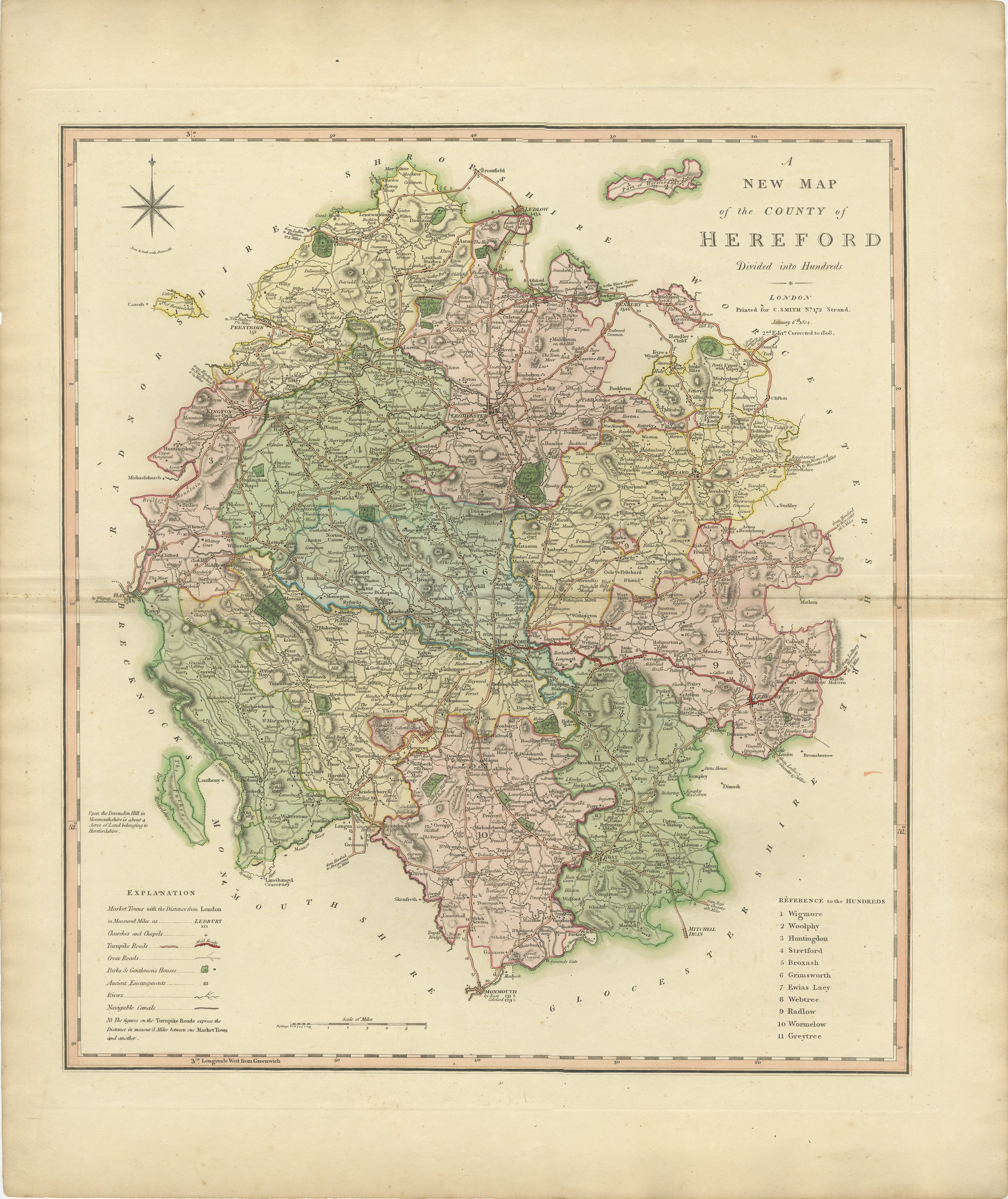 Antiguo mapa del condado de Herefordshire publicado por primera vez hacia 1800. Aldeas, pueblos y ciudades ilustrados Avenbury, Ashpurton, Kineton y Bromyard.

Charles Smith fue un cartógrafo que trabajó en Londres hacia 1800. Sus mapas estaban