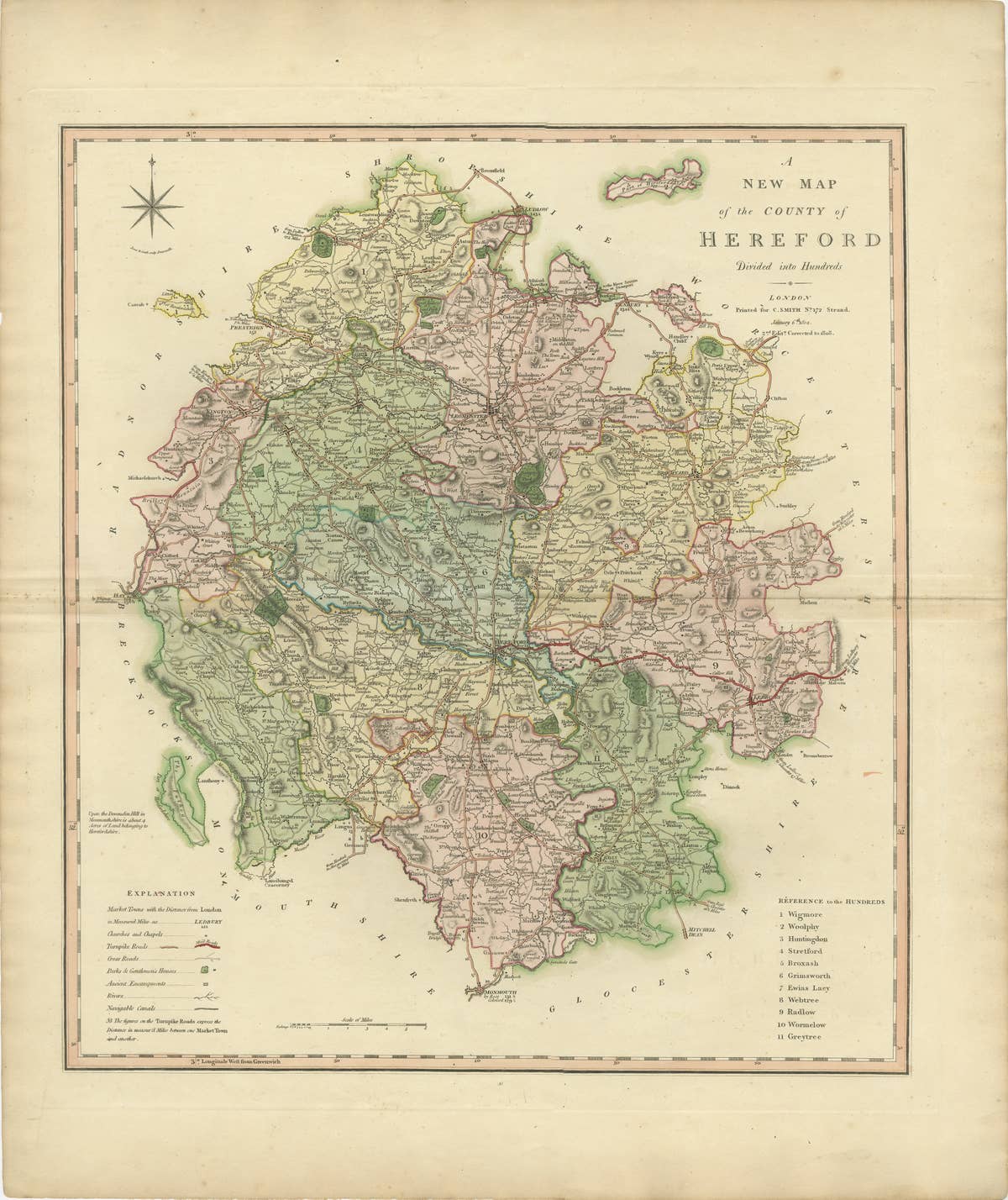Original Hand-Colored Antique Map of the County of Hereford in England, 1804