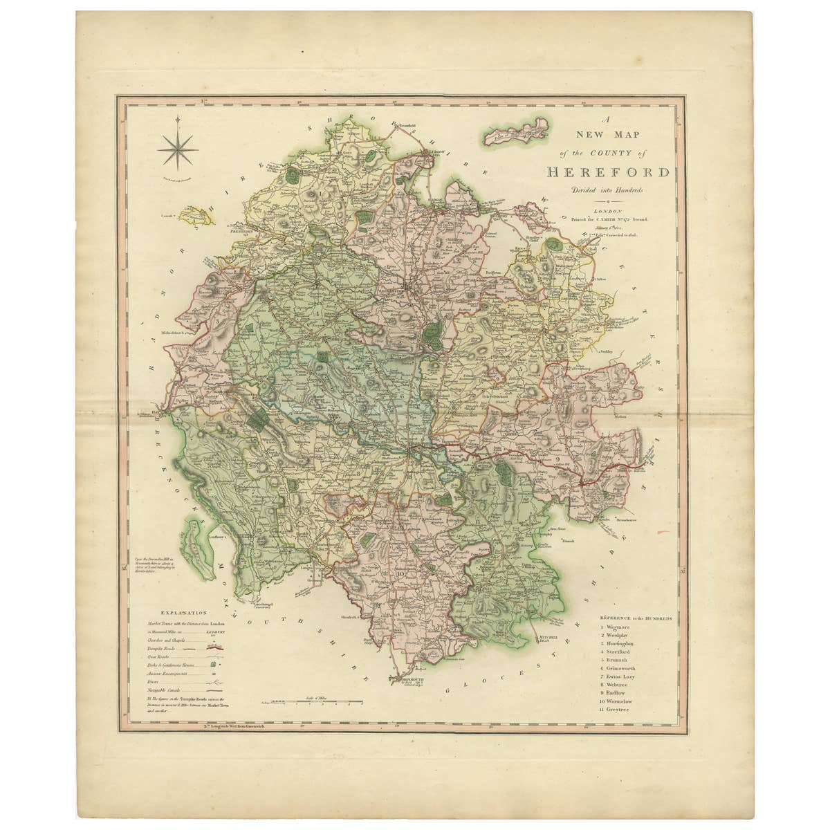 Original Hand-Colored Antique Map of the County of Hereford in England, 1804