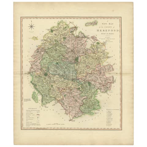 Original Hand-Colored Antique Map of the County of Hereford in England, 1804