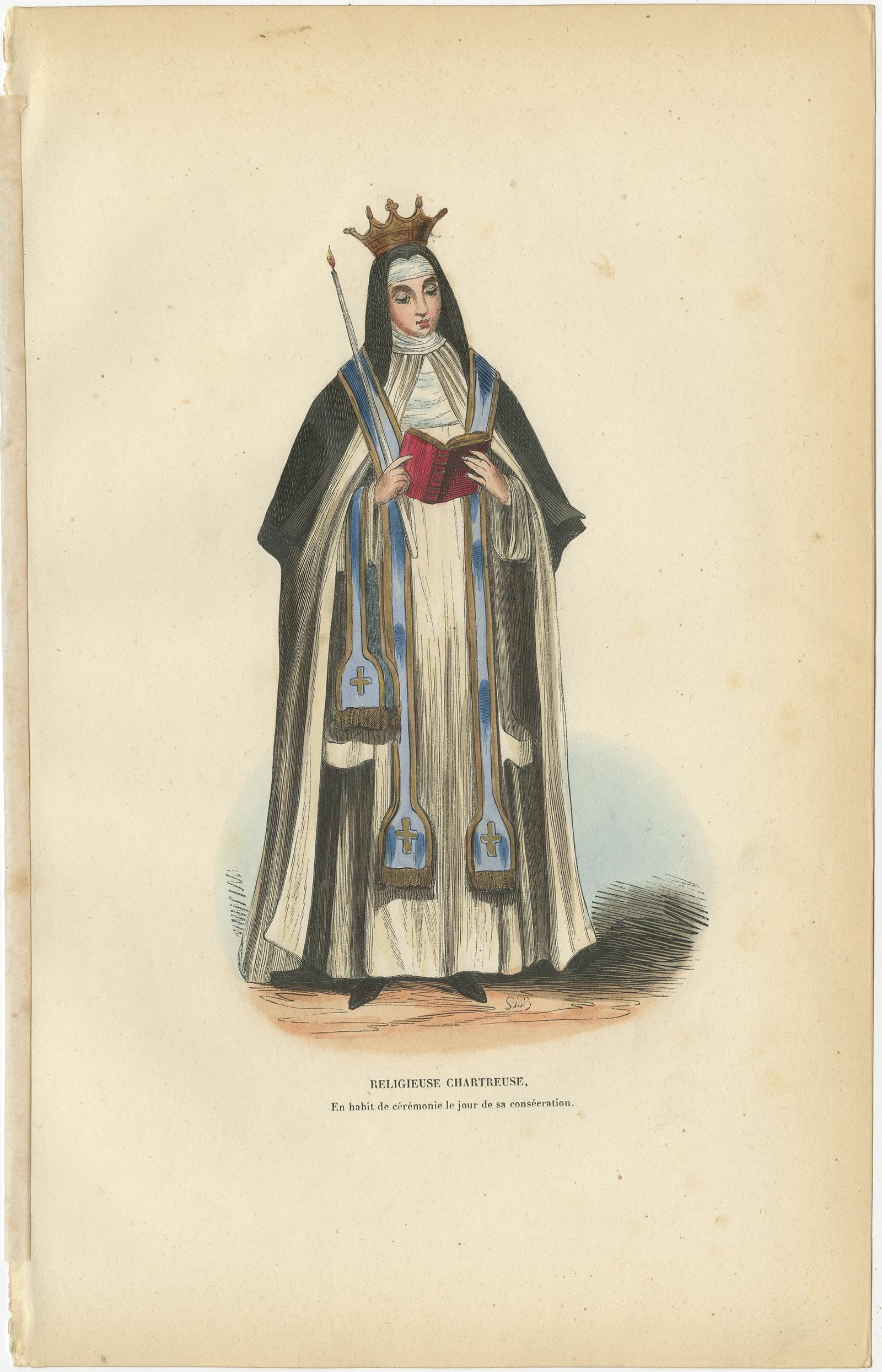 Antique print titled 'Religieuse Chartreuse'. Print of a Carthusian Nun. This print originates from 'Histoire et Costumes des Ordres Religieux'.

The Carthusians, also known as the Order of Carthusians (Latin: Ordo Cartusiensis), are a Latin