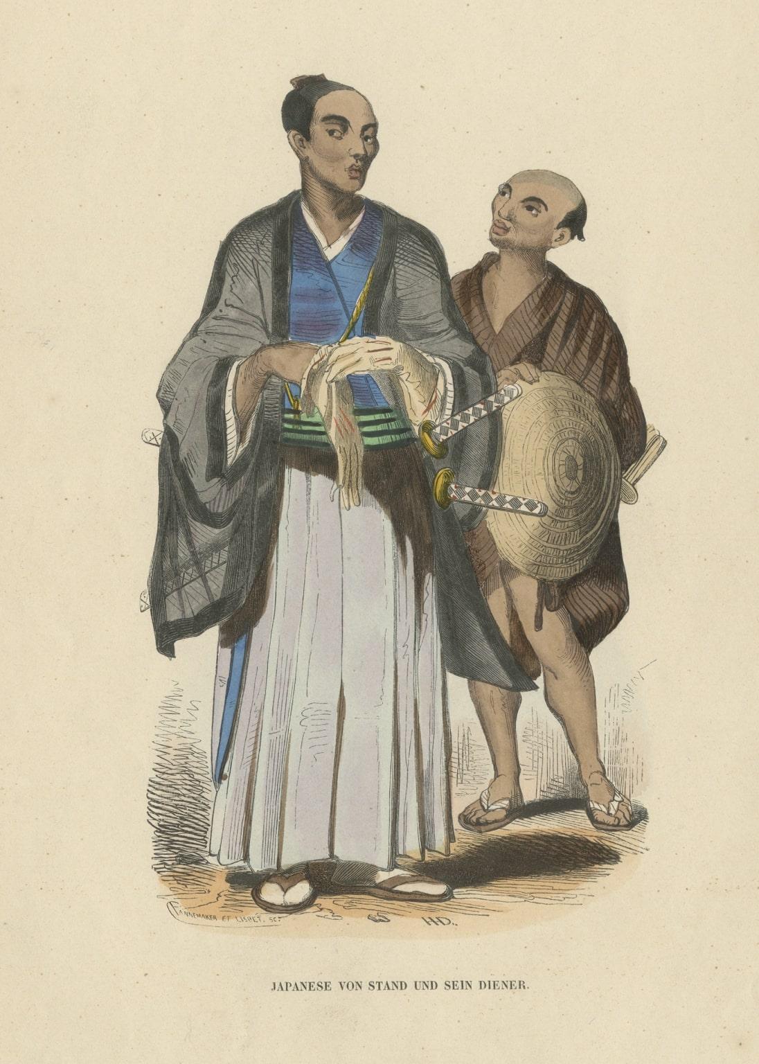 Antiker Druck mit dem Titel 'Japaner von Stand und sein Diener'. 

Originaler antiker Druck eines japanischen Adligen und seines Dieners. Dieser Druck stammt aus 