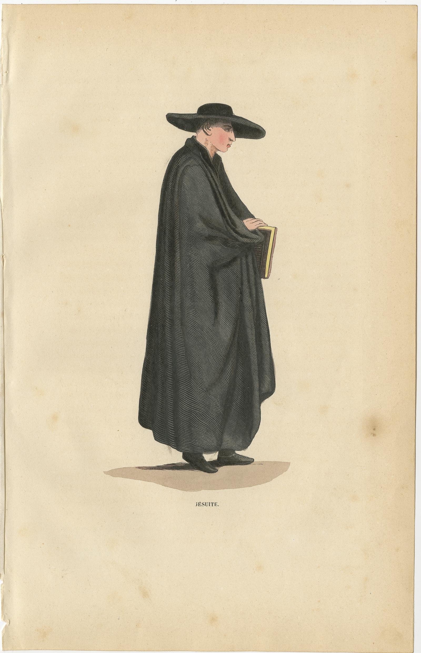 Antique print titled 'Jesuite'. 

Print of a Jesuit. This print originates from 'Histoire et Costumes des Ordres Religieux'.

Artists and Engravers: Author: Abbé Tiron. 

Condition: Good, general age-related toning. Minor wear and foxing,