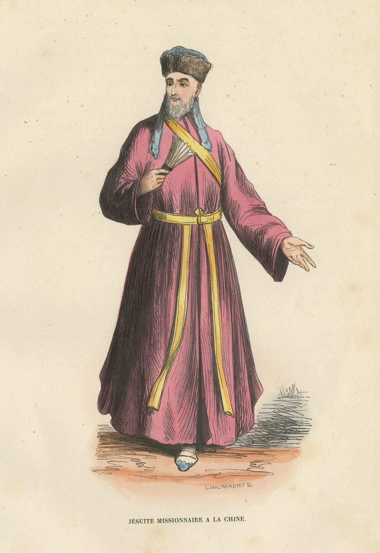 Originaler handkolorierter antiker Druck eines Jesuitenmissionärs in China, 1845 im Zustand „Gut“ im Angebot in Langweer, NL