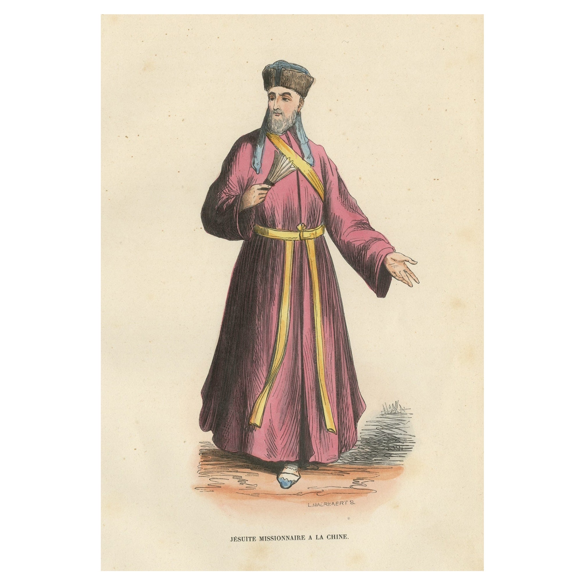 Originaler handkolorierter antiker Druck eines Jesuitenmissionärs in China, 1845