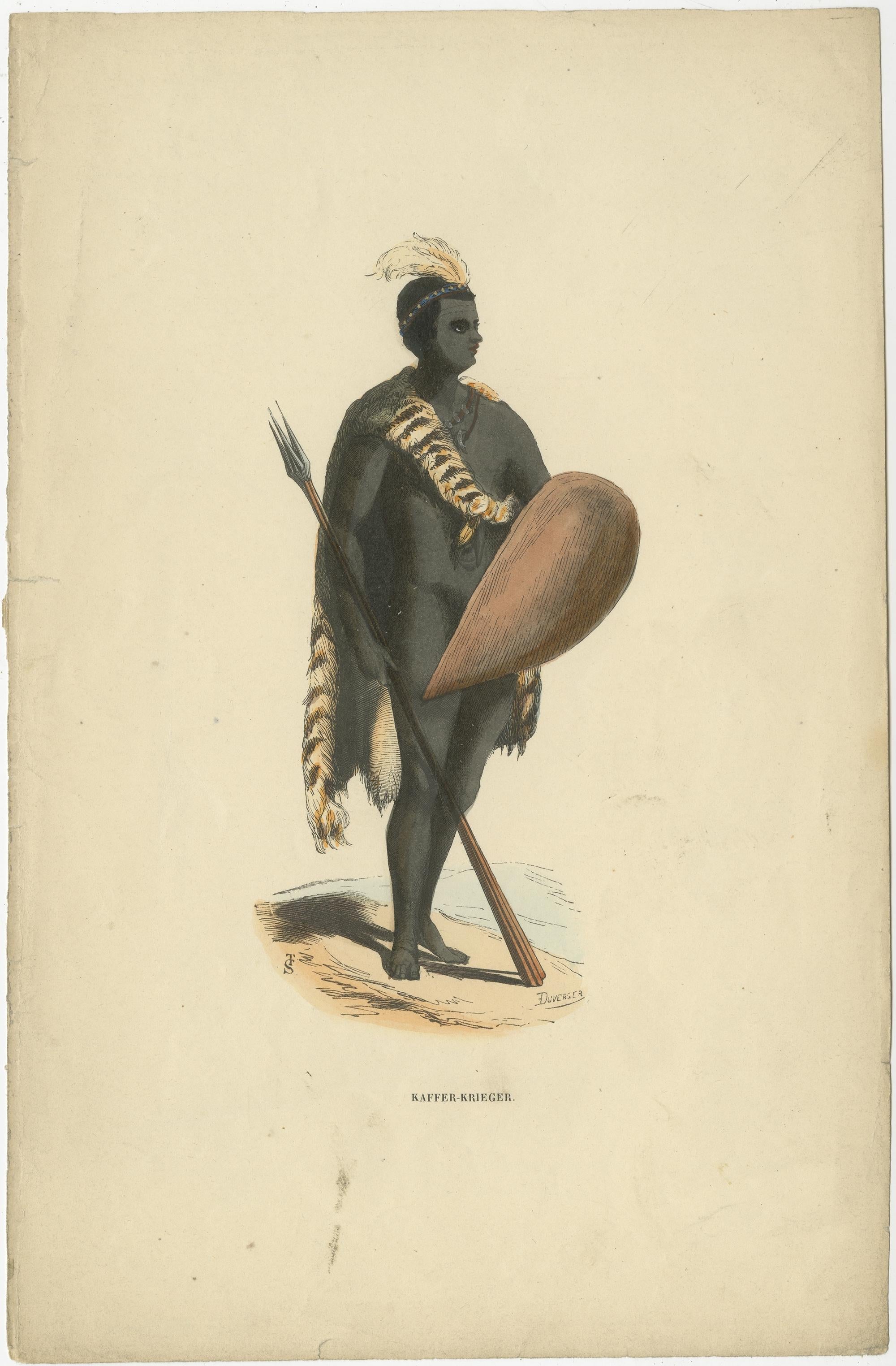 Antique print titled 'Kaffer-Krieger'. 

Original antique print of an African warrior. This print originates from 'Die Volker des Erdballs (..)' by H. Berghaus. 

Artists and engravers: Berghaus was a professor at Berlin and Potsdam who