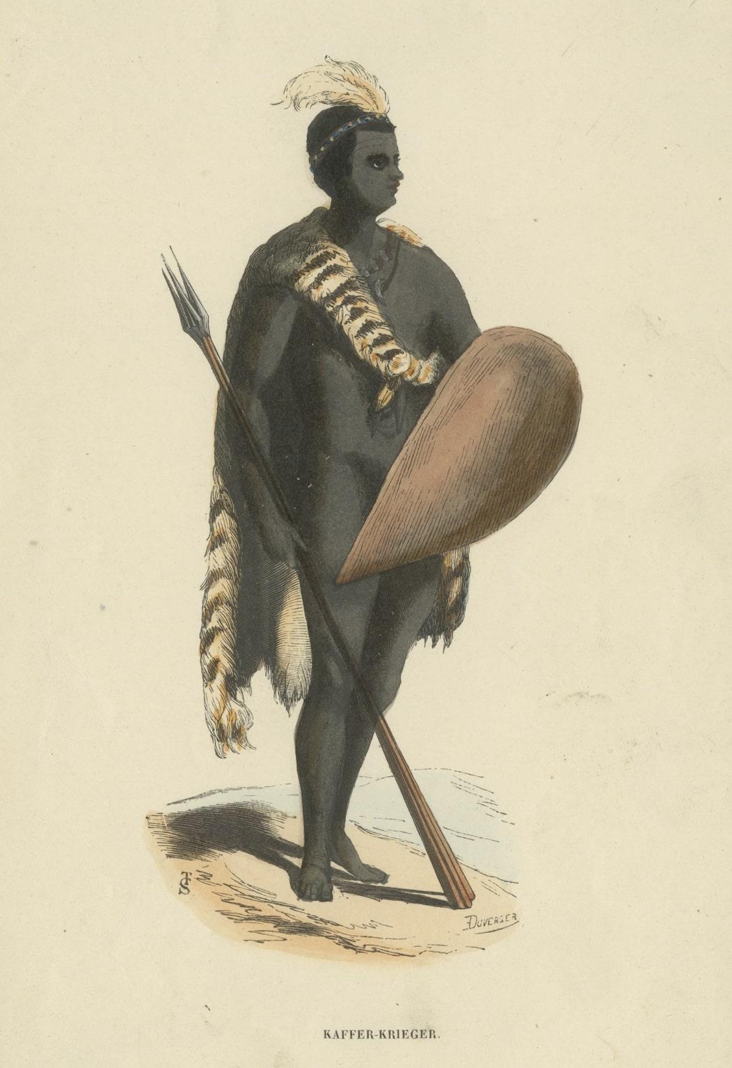 Original Hand-Colored Antique Print of an African Warrior, ca.1845 In Good Condition For Sale In Langweer, NL