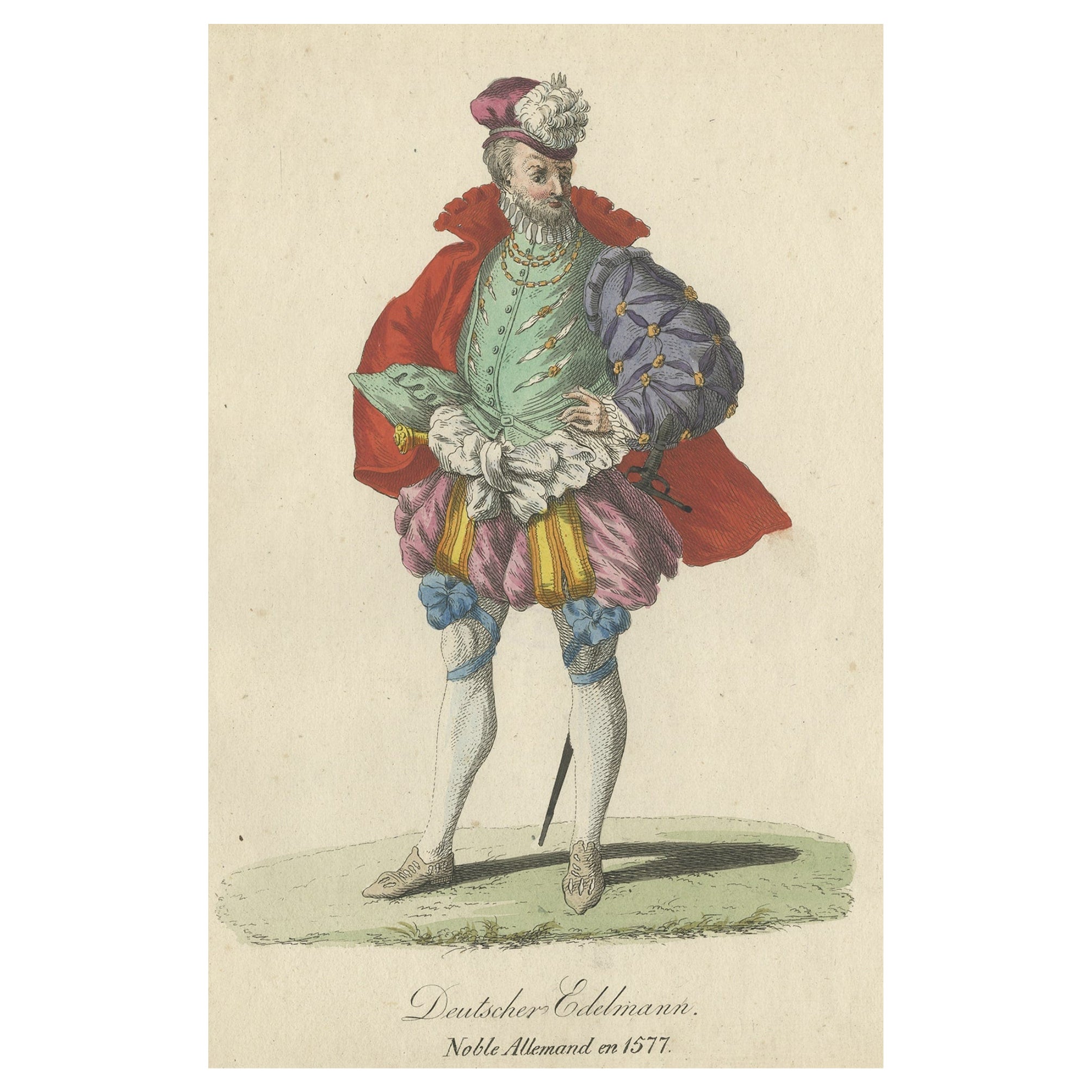 Original handkolorierte Gravur eines deutschen Adeligen aus dem 16. Jahrhundert, 1805