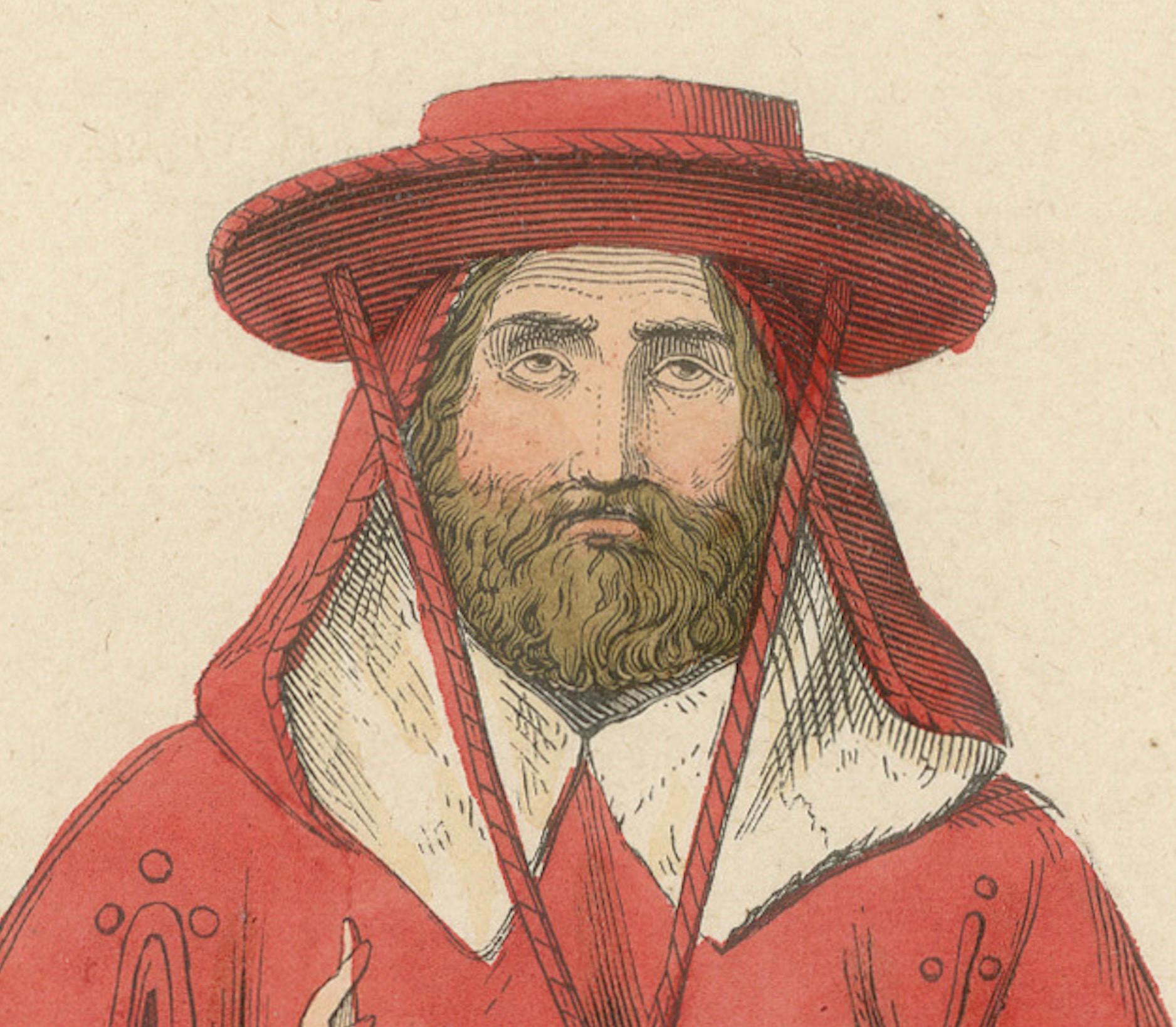 Mid-19th Century Original Hand-Colored Engraving of a Cardinal of the Middle Ages, 1847 For Sale