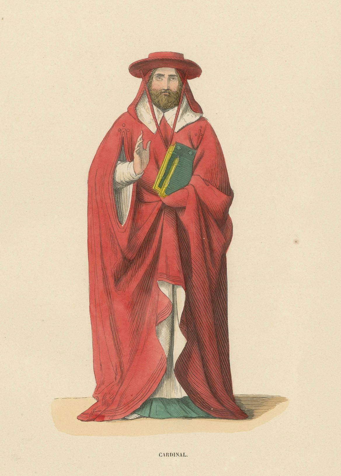 Paper Original Hand-Colored Engraving of a Cardinal of the Middle Ages, 1847 For Sale