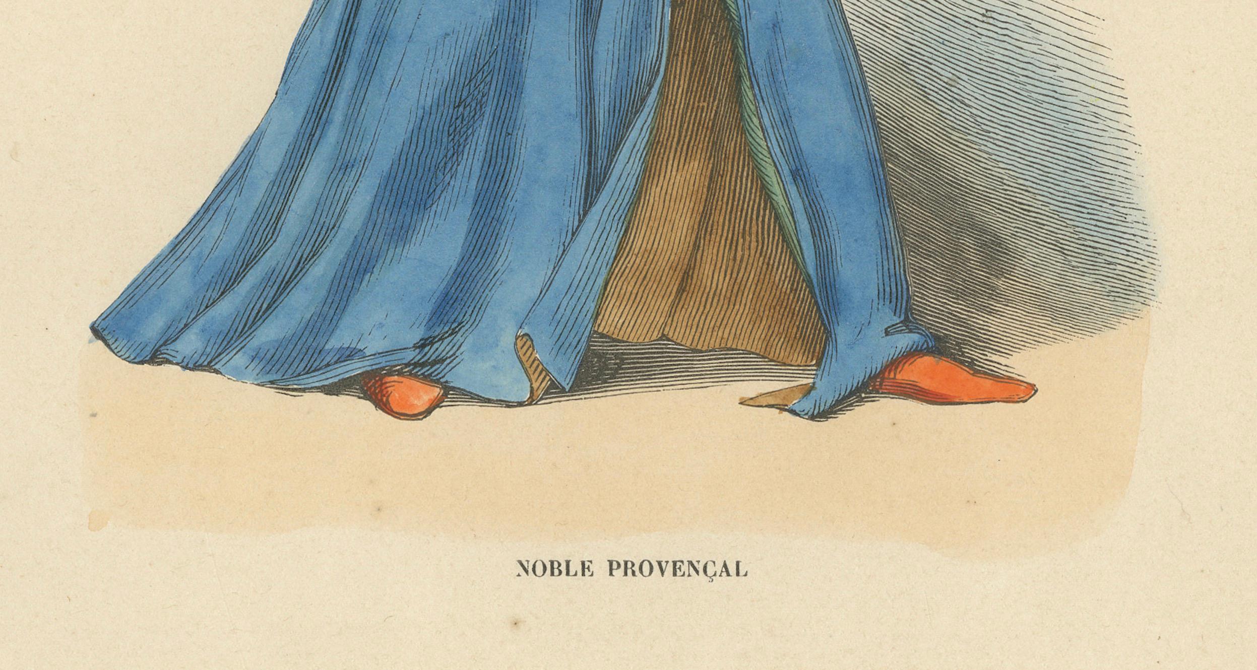 Papier Lithographie originale colorée à la main du Falconer : un noble de Provence, 1845 en vente