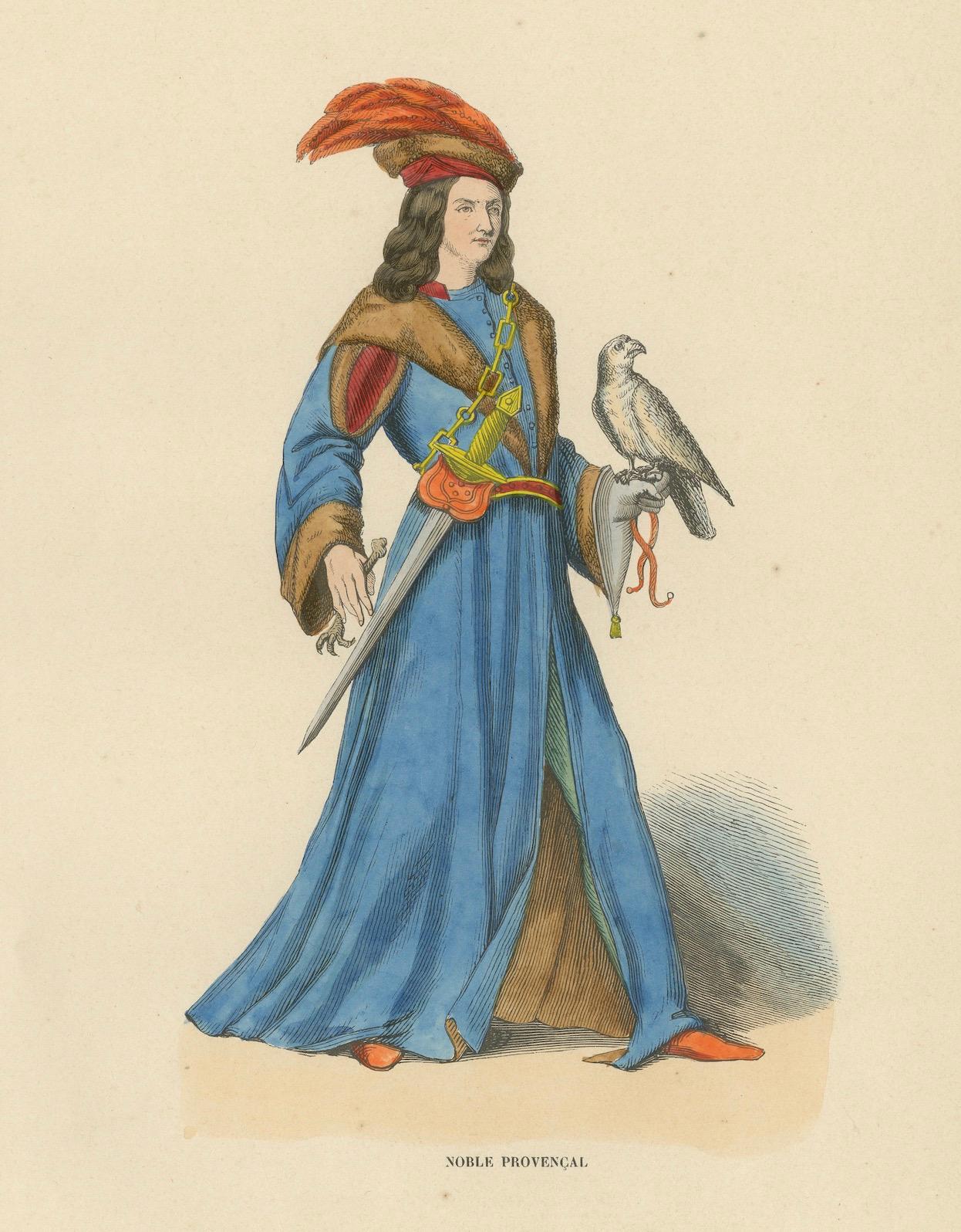 Lithographie originale colorée à la main du Falconer : un noble de Provence, 1845 en vente 1