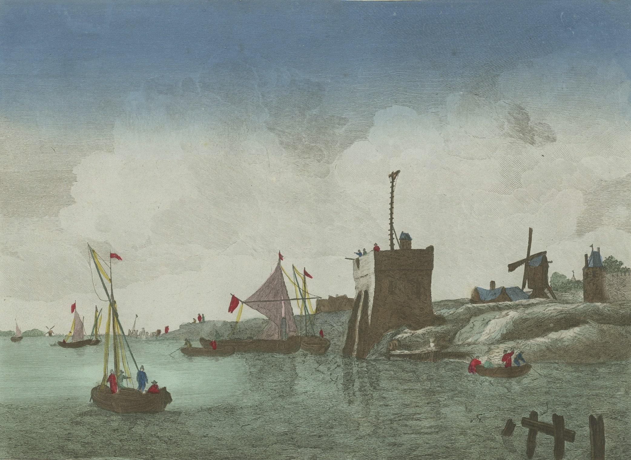 Original Hand-Colored Optica View of the Coast of Zeeland, The Netherlands In Fair Condition For Sale In Langweer, NL