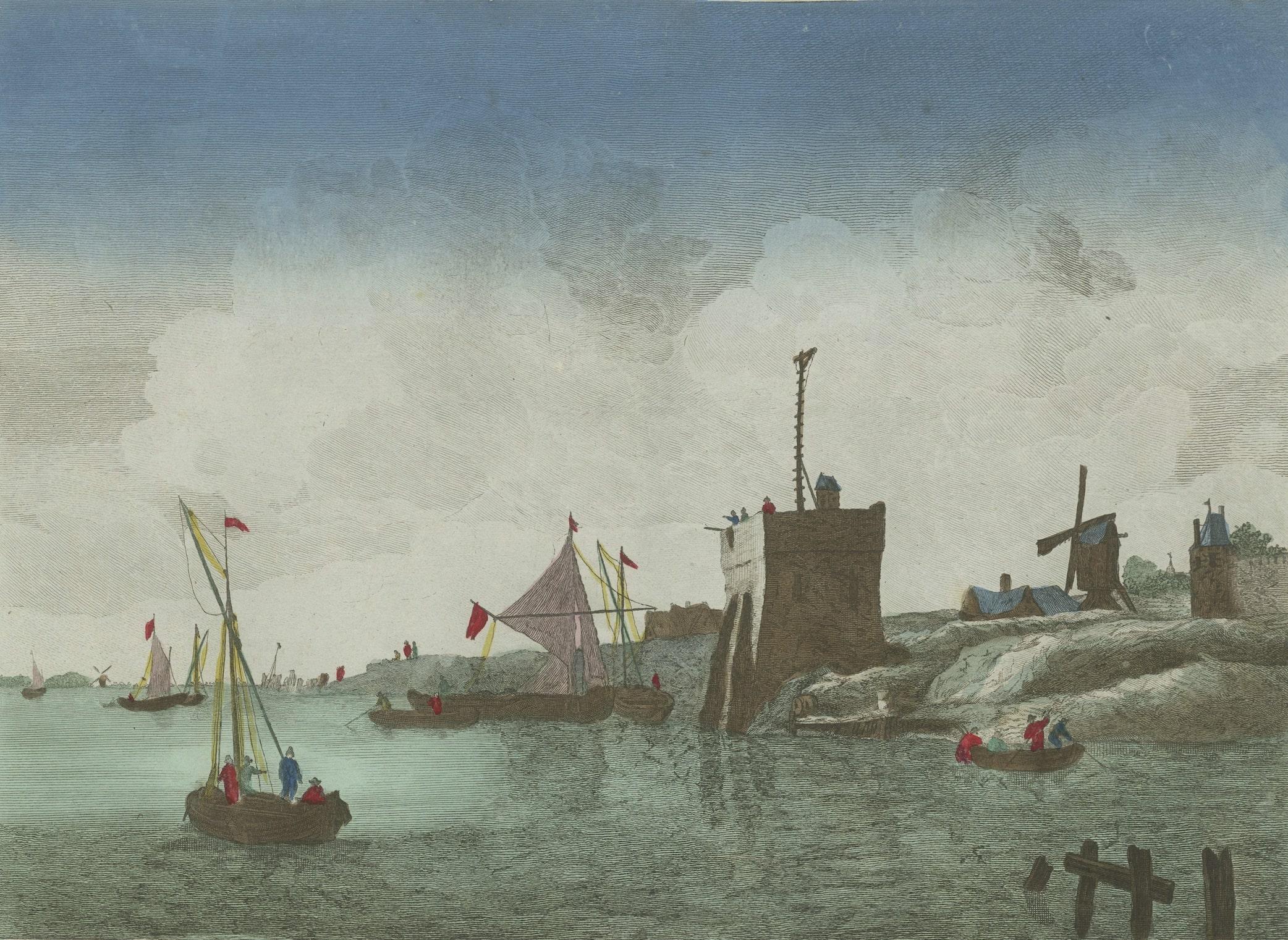 Vista óptica original coloreada a mano de la costa de Zelanda, Países Bajos en Bastante bueno estado para la venta en Langweer, NL