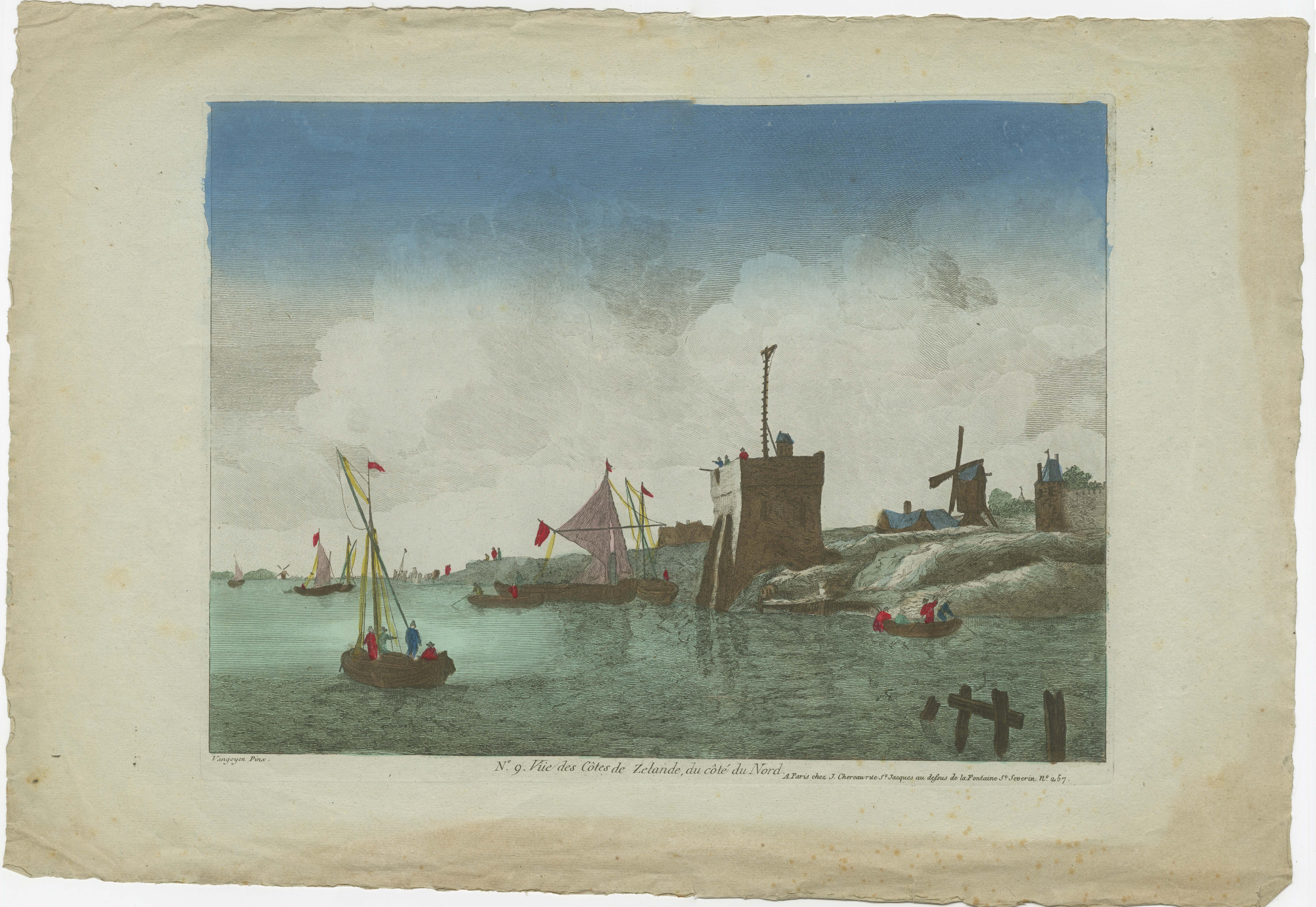 Vista óptica original coloreada a mano de la costa de Zelanda, Países Bajos siglo XVIII en venta