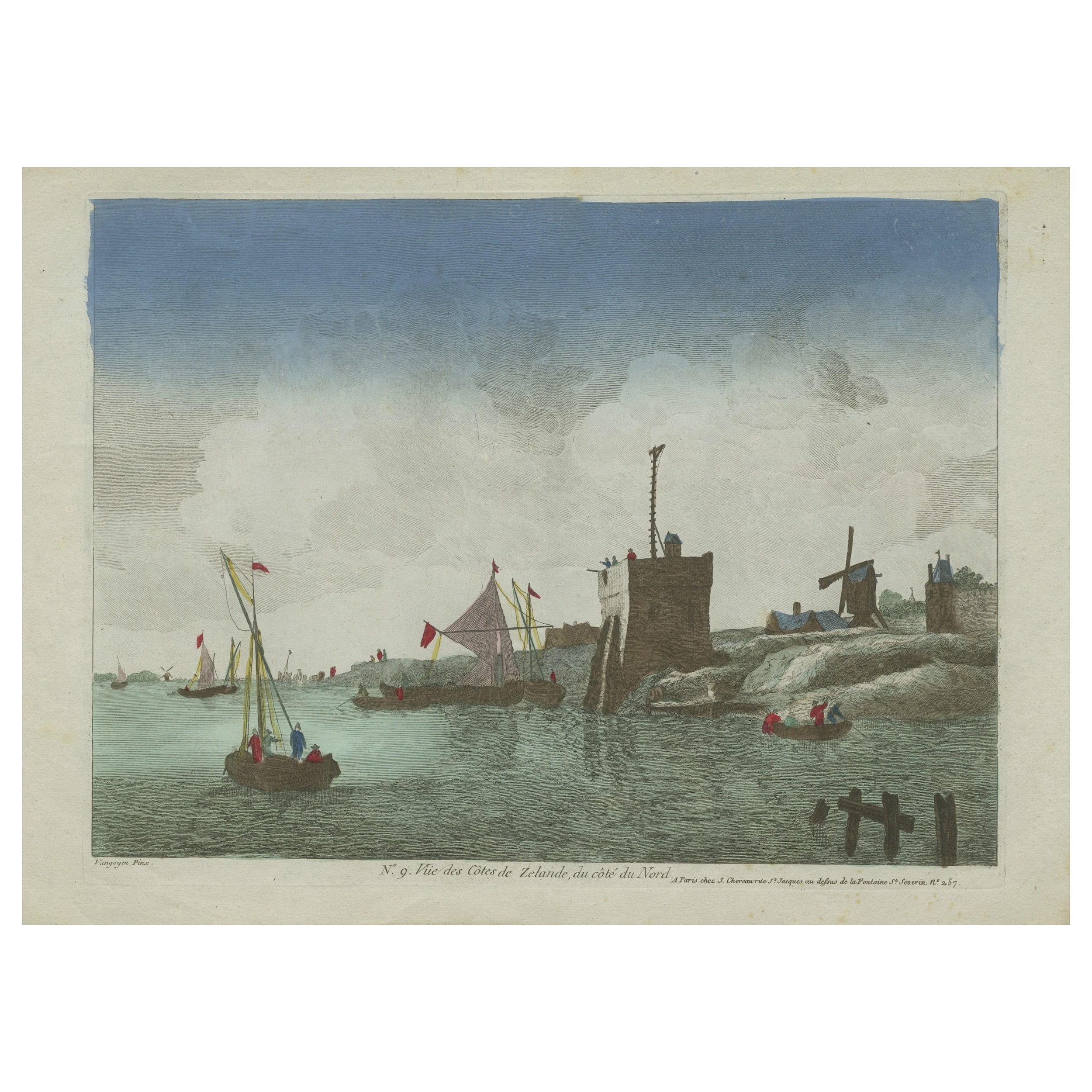 Original handkolorierte Optica-Ansicht der Küste von Zeeland, Niederlande