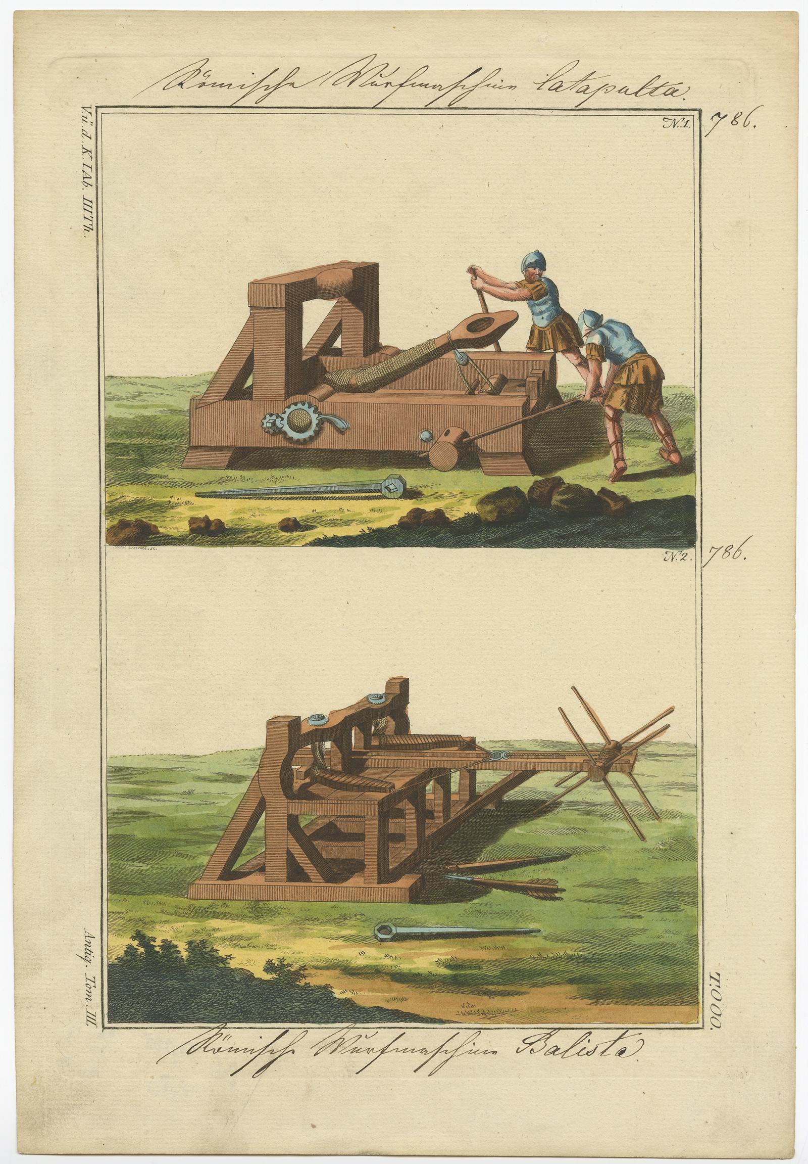 Untitled print of a Roman catapult and ballista. 

This print originates from 'Historical Picture of the Costumes of the Principal People of Antiquity and of the Middle Ages' by R. von Spalart.

Artists and engravers: Author: R. von Spalart.