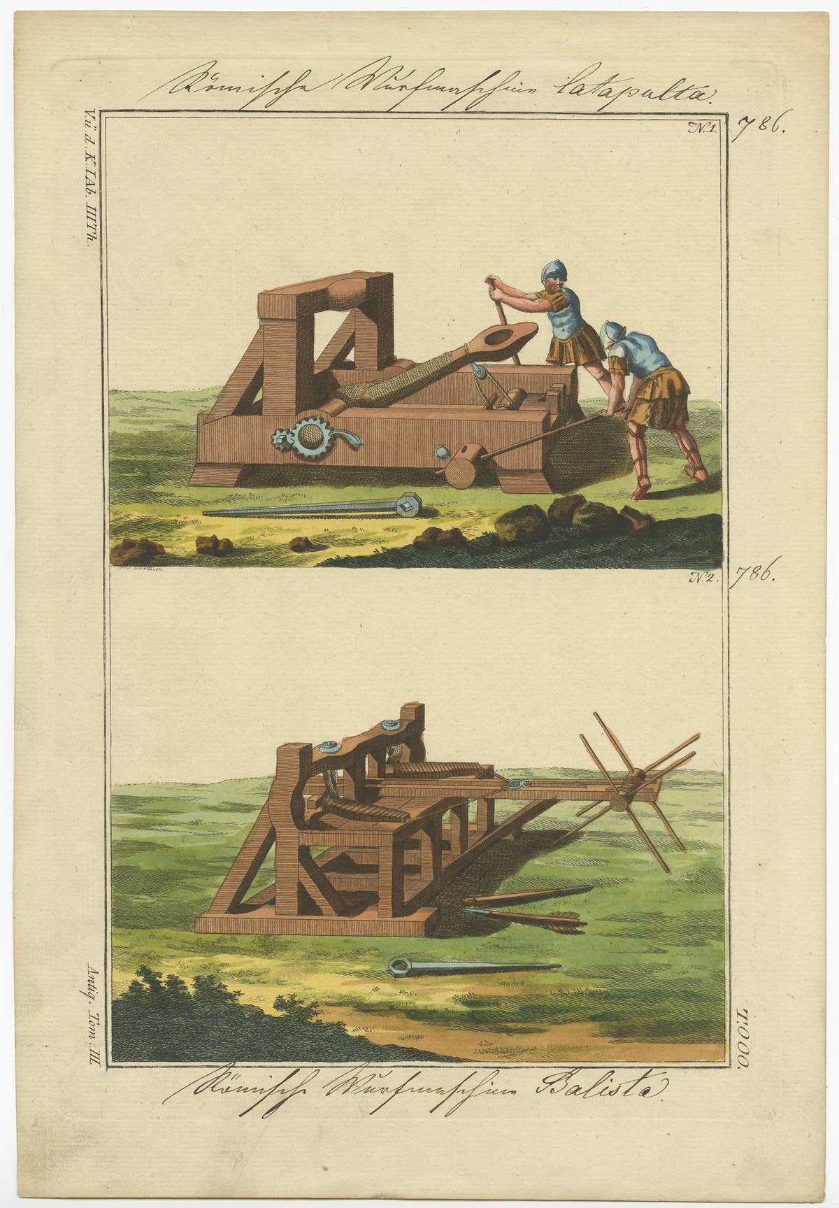 Original Hand-Colored Print of a Roman Catapult and Ballista, 1810