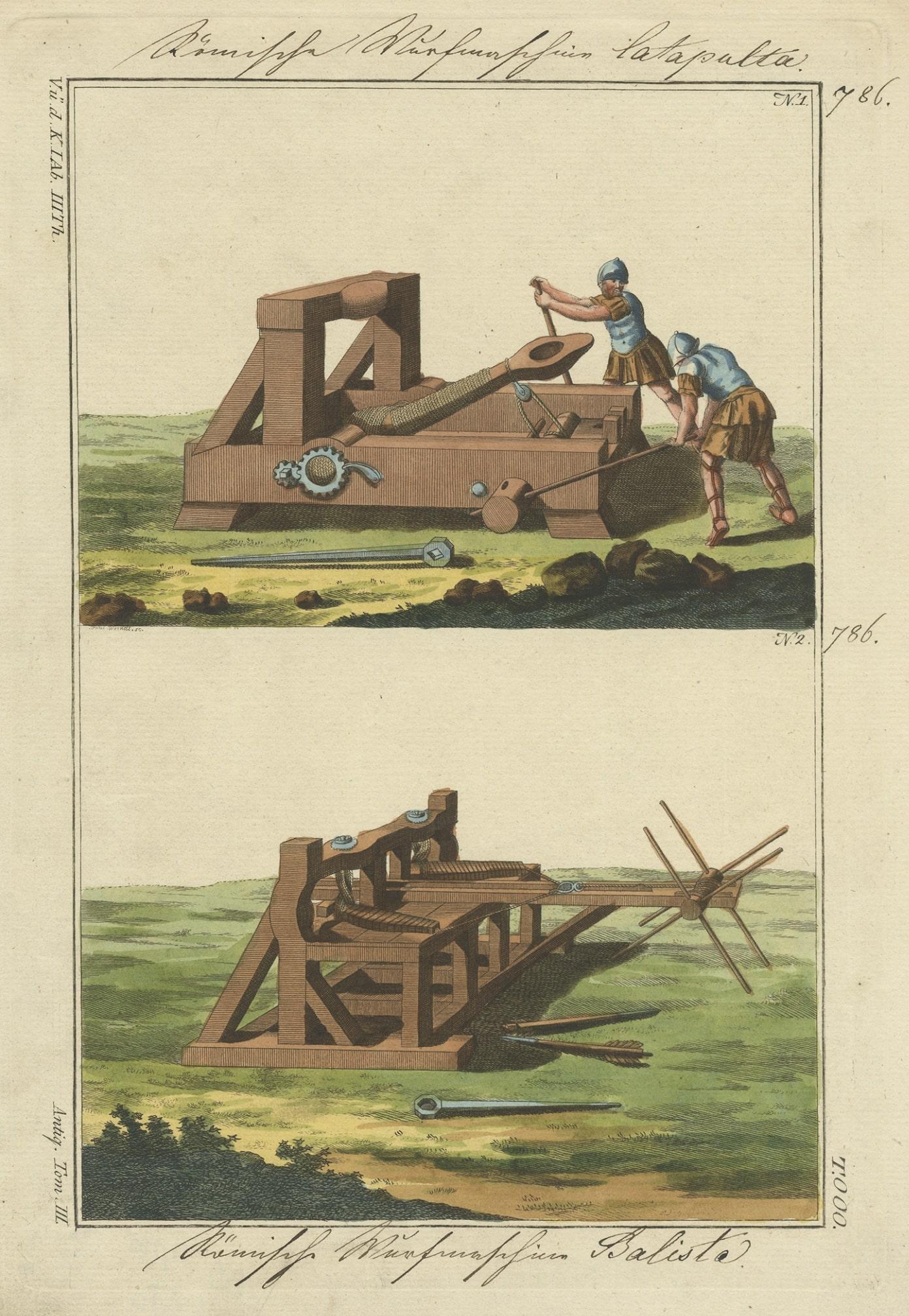 Original Hand-Colored Print of a Roman Catapult and Ballista, 1810 In Good Condition For Sale In Langweer, NL