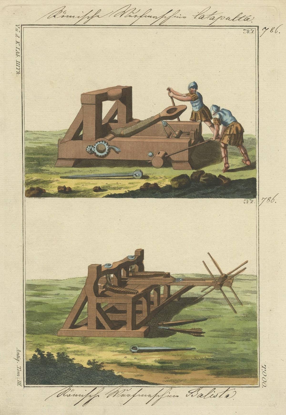 Original Hand-Colored Print of a Roman Catapult and Ballista, 1810