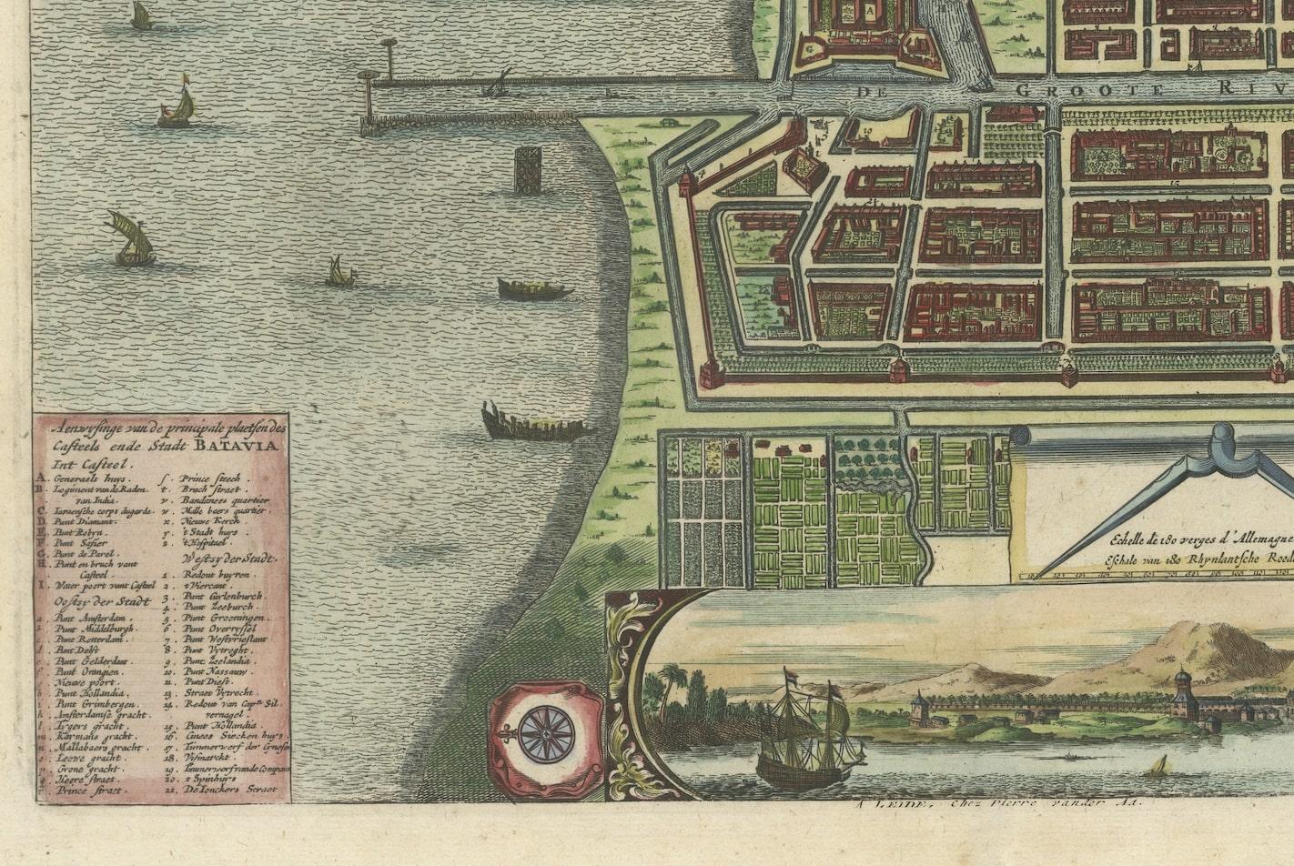 Plan de la Ville et du Chateau de Batavia en l'Isle de Iava / Ware affbeeldinge wegens het Casteel ende Stadt Batavia gelegen opt groot Eylant Java.

Behold the exquisite antique map, a masterwork by Pieter van der Aa, showcasing a Detailed