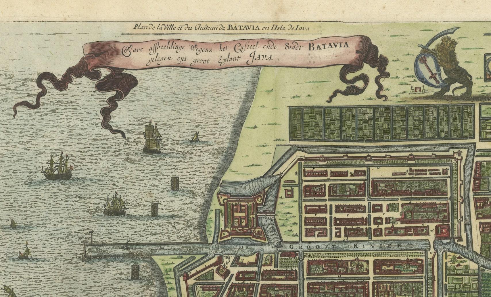 Engraved Original Hand-Colored Print of Batavia, or Nowadays Jakarta, Indonesia, 1730