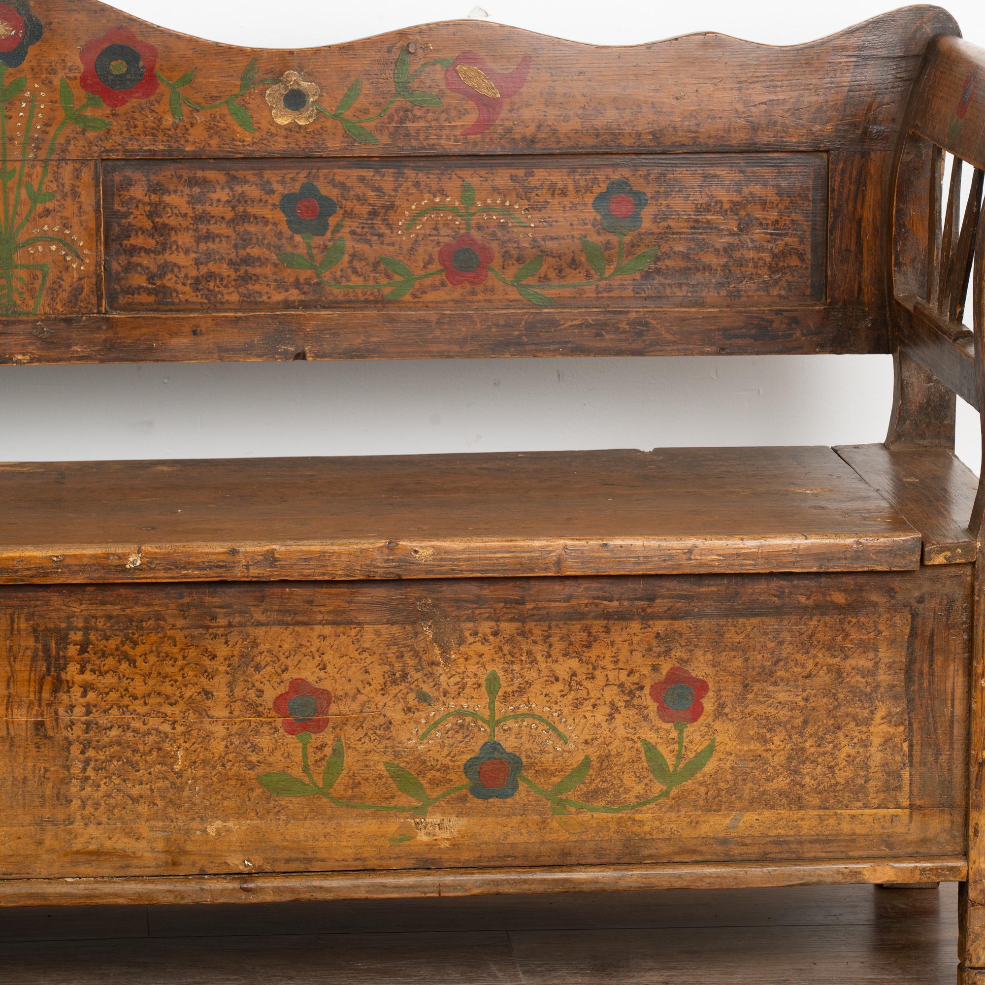 Original Hand Painted Bench With Flowers, Interior Storage, Hungary circa 1920 4