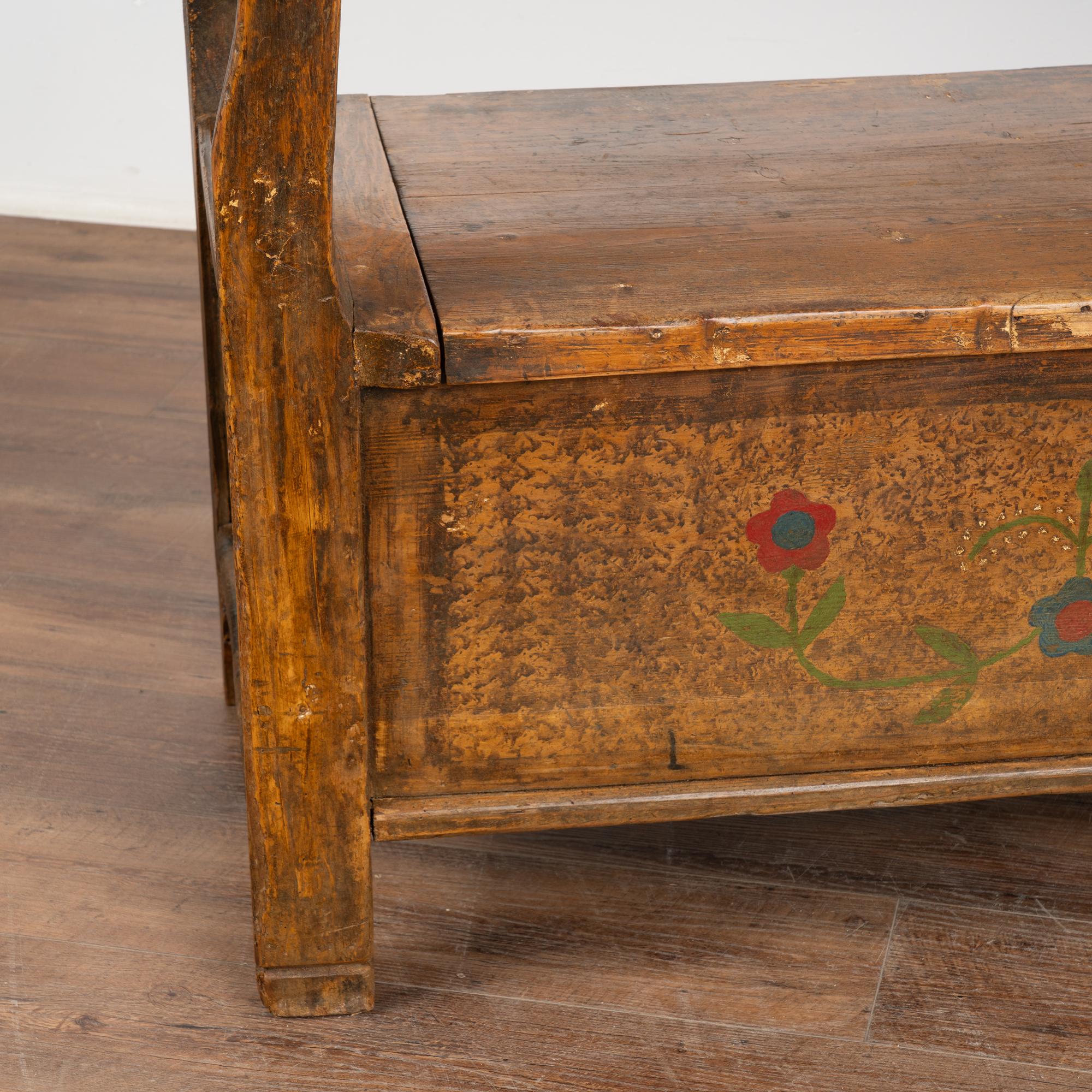 Original Hand Painted Bench With Flowers, Interior Storage, Hungary circa 1920 5
