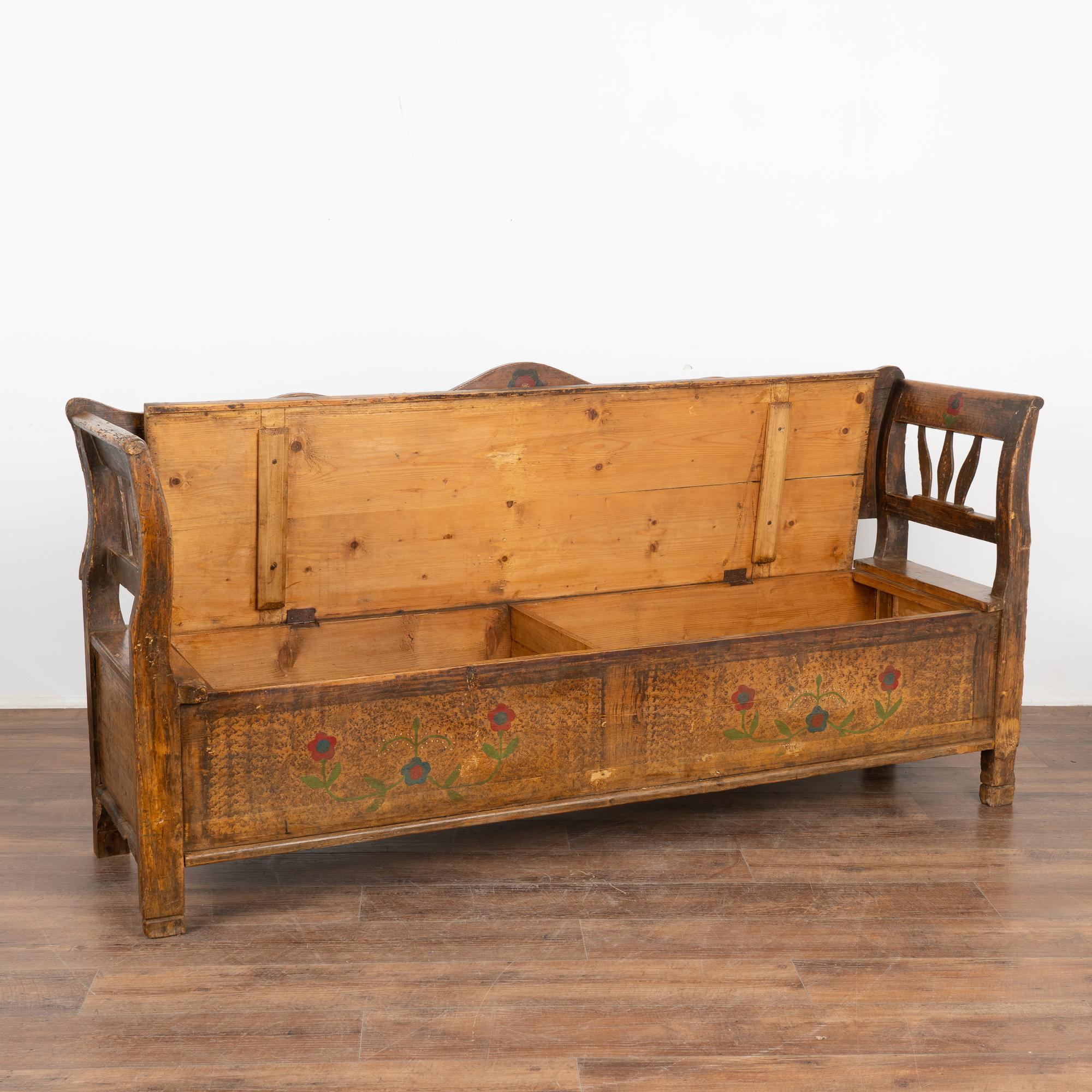 Folk Art Original Hand Painted Bench With Flowers, Interior Storage, Hungary circa 1920