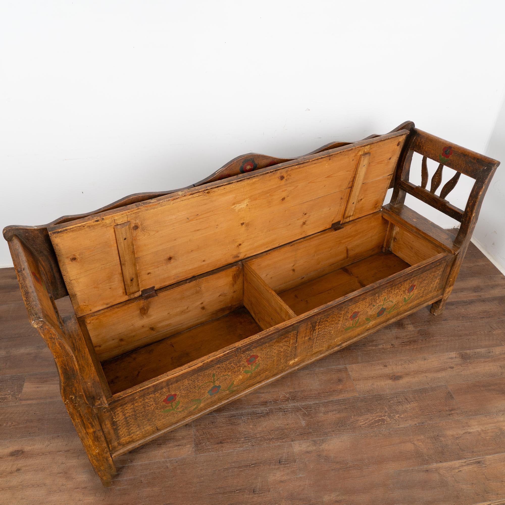 Hungarian Original Hand Painted Bench With Flowers, Interior Storage, Hungary circa 1920