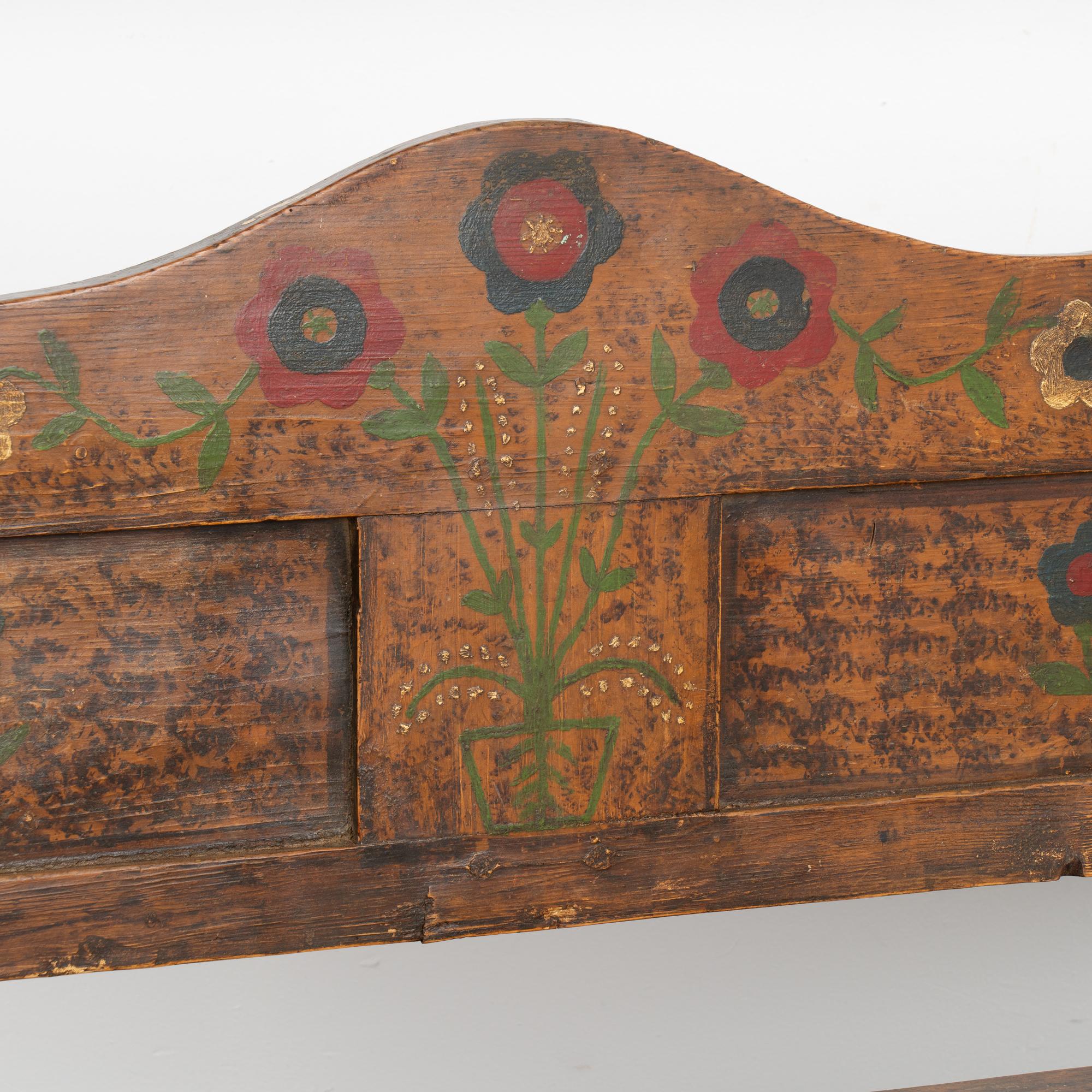 20th Century Original Hand Painted Bench With Flowers, Interior Storage, Hungary circa 1920