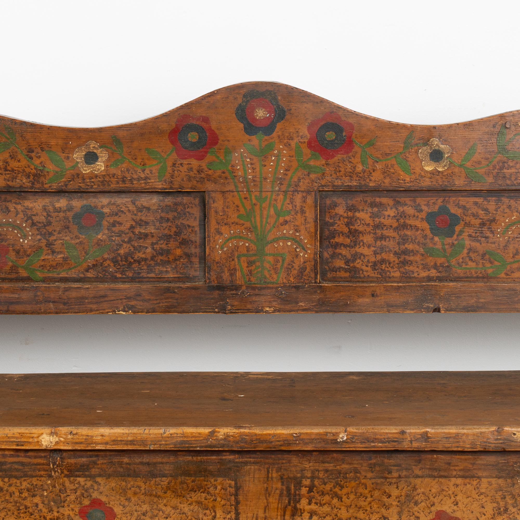 Pine Original Hand Painted Bench With Flowers, Interior Storage, Hungary circa 1920